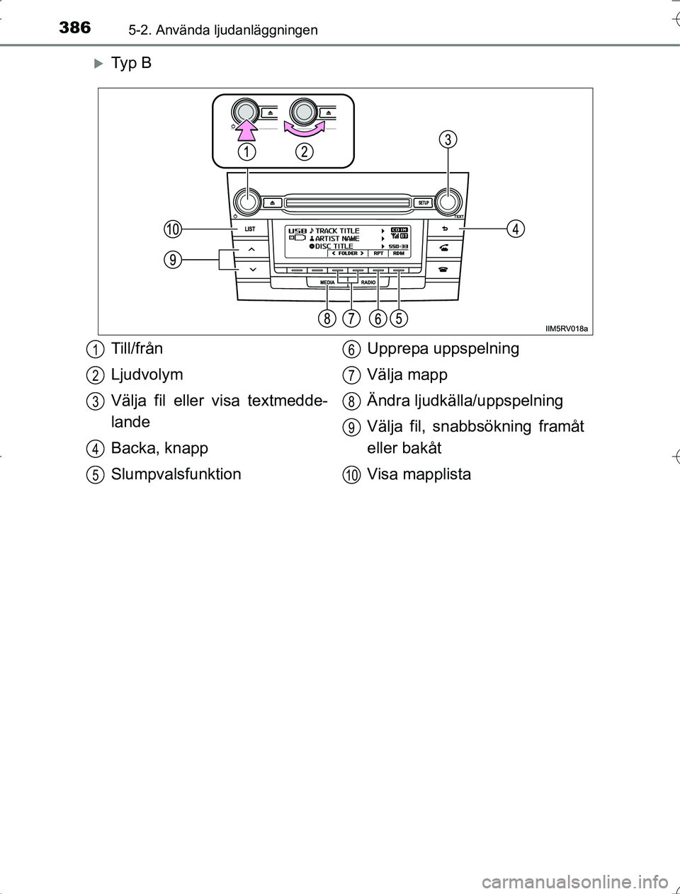 TOYOTA RAV4 2014 Bruksanvisningar (in Swedish) 3865-2. Använda ljudanläggningen
OM42A21
Ty p B
Till/från
Ljudvolym
Välja fil eller visa textmedde-
lande
Backa, knapp
SlumpvalsfunktionUpprepa uppspelning
Välja mapp
Ändra ljudkälla/uppspe TOYOTA RAV4 2014 Bruksanvisningar (in Swedish) 3865-2. Använda ljudanläggningen
OM42A21
Ty p B
Till/från
Ljudvolym
Välja fil eller visa textmedde-
lande
Backa, knapp
SlumpvalsfunktionUpprepa uppspelning
Välja mapp
Ändra ljudkälla/uppspe