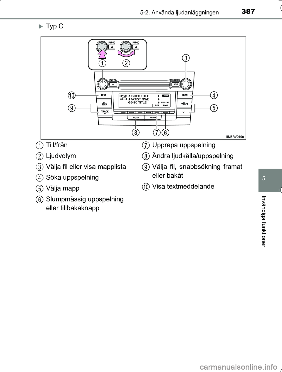 TOYOTA RAV4 2014 Bruksanvisningar (in Swedish) 3875-2. Använda ljudanläggningen
5
Invändiga funktioner
OM42A21
Ty p C
Till/från
Ljudvolym
Välja fil eller visa mapplista
Söka uppspelning
Välja mapp
Slumpmässig uppspelning
eller tillbak TOYOTA RAV4 2014 Bruksanvisningar (in Swedish) 3875-2. Använda ljudanläggningen
5
Invändiga funktioner
OM42A21
Ty p C
Till/från
Ljudvolym
Välja fil eller visa mapplista
Söka uppspelning
Välja mapp
Slumpmässig uppspelning
eller tillbak