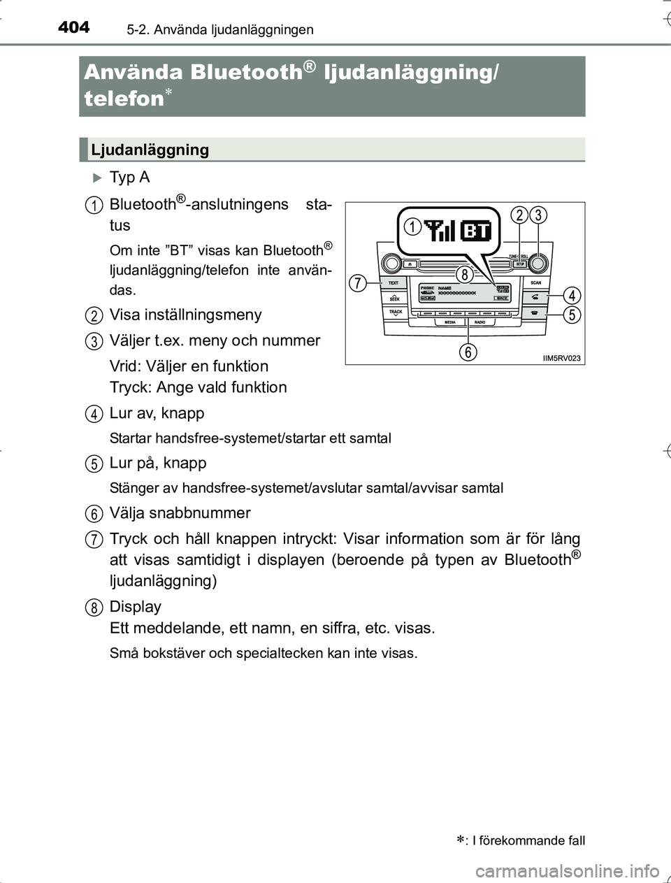 TOYOTA RAV4 2014 Bruksanvisningar (in Swedish) 4045-2. Använda ljudanläggningen
OM42A21
Använda Bluetooth® ljudanläggning/
telefon
Ty p A
Bluetooth
®-anslutningens sta-
tus
Om inte ”BT” visas kan Bluetooth®
ljudanläggning/telef TOYOTA RAV4 2014 Bruksanvisningar (in Swedish) 4045-2. Använda ljudanläggningen
OM42A21
Använda Bluetooth® ljudanläggning/
telefon
Ty p A
Bluetooth
®-anslutningens sta-
tus
Om inte ”BT” visas kan Bluetooth®
ljudanläggning/telef
