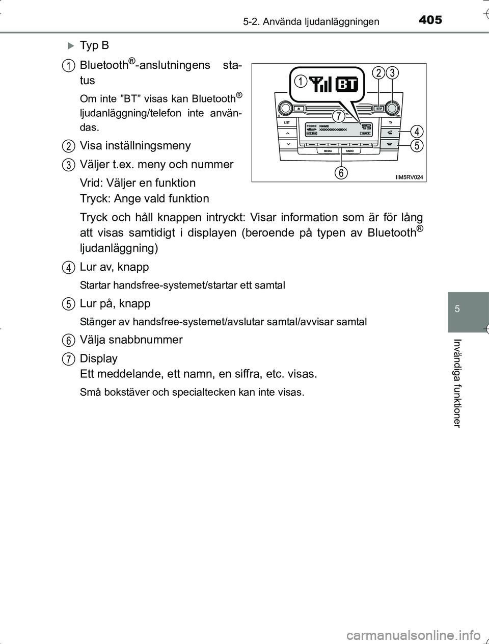 TOYOTA RAV4 2014 Bruksanvisningar (in Swedish) 4055-2. Använda ljudanläggningen
5
Invändiga funktioner
OM42A21
Ty p B
Bluetooth
®-anslutningens sta-
tus
Om inte ”BT” visas kan Bluetooth®
ljudanläggning/telefon inte använ-
das.
Visa TOYOTA RAV4 2014 Bruksanvisningar (in Swedish) 4055-2. Använda ljudanläggningen
5
Invändiga funktioner
OM42A21
Ty p B
Bluetooth
®-anslutningens sta-
tus
Om inte ”BT” visas kan Bluetooth®
ljudanläggning/telefon inte använ-
das.
Visa