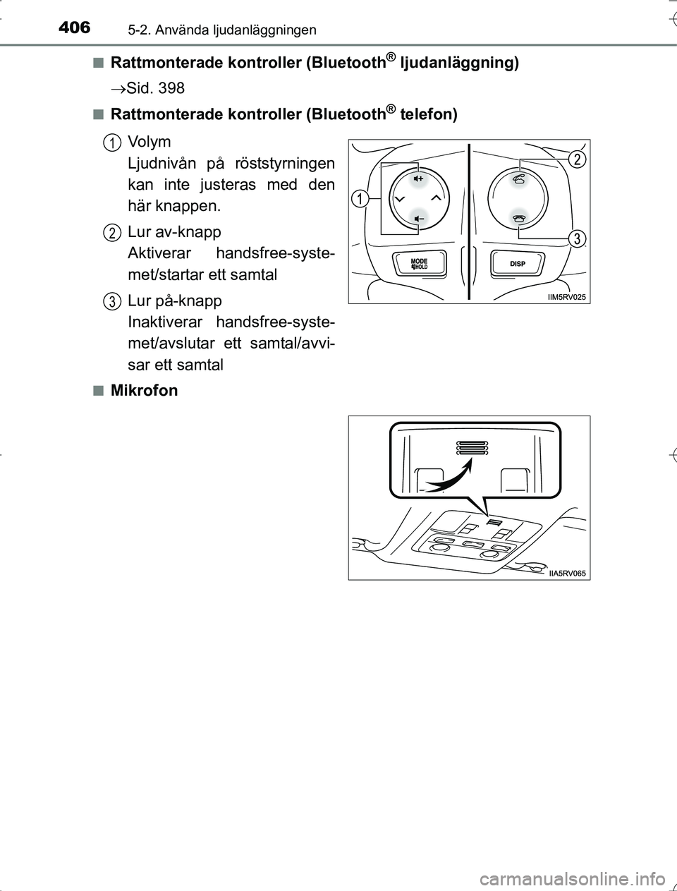 TOYOTA RAV4 2014 Bruksanvisningar (in Swedish) 4065-2. Använda ljudanläggningen
OM42A21n
Rattmonterade kontroller (Bluetooth® ljudanläggning)
Sid. 398
nRattmonterade kontroller (Bluetooth® telefon)
Vo l y m
Ljudnivån på röststyrningen
TOYOTA RAV4 2014 Bruksanvisningar (in Swedish) 4065-2. Använda ljudanläggningen
OM42A21n
Rattmonterade kontroller (Bluetooth® ljudanläggning)
Sid. 398
nRattmonterade kontroller (Bluetooth® telefon)
Vo l y m
Ljudnivån på röststyrningen