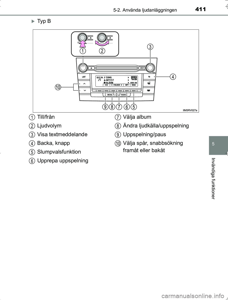 TOYOTA RAV4 2014 Bruksanvisningar (in Swedish) 4115-2. Använda ljudanläggningen
5
Invändiga funktioner
OM42A21
Ty p B
Till/från
Ljudvolym
Visa textmeddelande
Backa, knapp
Slumpvalsfunktion
Upprepa uppspelningVälja album
Ändra ljudkälla/ TOYOTA RAV4 2014 Bruksanvisningar (in Swedish) 4115-2. Använda ljudanläggningen
5
Invändiga funktioner
OM42A21
Ty p B
Till/från
Ljudvolym
Visa textmeddelande
Backa, knapp
Slumpvalsfunktion
Upprepa uppspelningVälja album
Ändra ljudkälla/