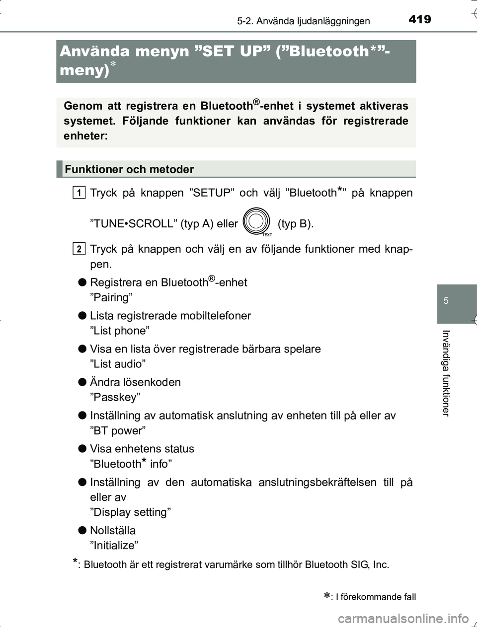 TOYOTA RAV4 2014 Bruksanvisningar (in Swedish) 419
5
5-2. Använda ljudanläggningen
Invändiga funktioner
OM42A21
Använda menyn ”SET UP” (”Bluetooth*”-
meny)
Tryck på knappen ”SETUP” och välj ”Bluetooth*” på knappen
”TUN TOYOTA RAV4 2014 Bruksanvisningar (in Swedish) 419
5
5-2. Använda ljudanläggningen
Invändiga funktioner
OM42A21
Använda menyn ”SET UP” (”Bluetooth*”-
meny)
Tryck på knappen ”SETUP” och välj ”Bluetooth*” på knappen
”TUN