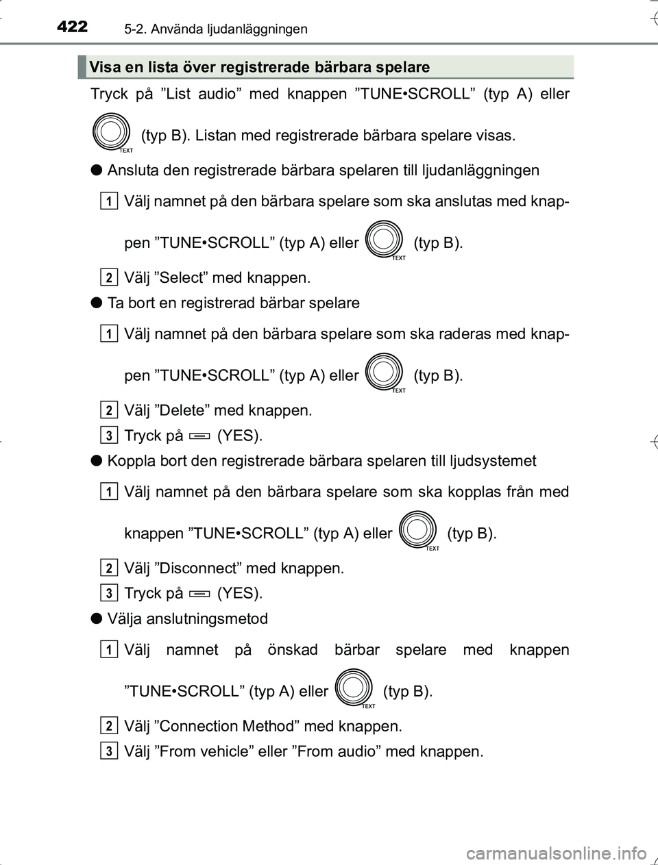 TOYOTA RAV4 2014 Bruksanvisningar (in Swedish) 4225-2. Använda ljudanläggningen
OM42A21
Tryck på ”List audio” med knappen ”TUNE•SCROLL” (typ A) eller
(typ B). Listan med registrerade bärbara spelare visas.
l Ansluta den registrerade TOYOTA RAV4 2014 Bruksanvisningar (in Swedish) 4225-2. Använda ljudanläggningen
OM42A21
Tryck på ”List audio” med knappen ”TUNE•SCROLL” (typ A) eller
(typ B). Listan med registrerade bärbara spelare visas.
l Ansluta den registrerade
