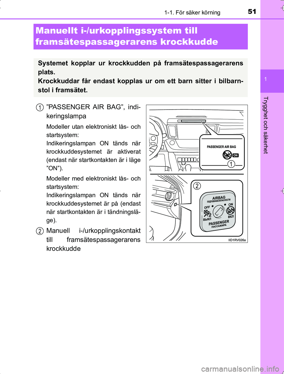 TOYOTA RAV4 2014 Bruksanvisningar (in Swedish) 511-1. För säker körning
1
OM42A21
Trygghet och säkerhet
Manuellt i-/urkopplingssystem till
framsätespassagerarens krockkudde
”PASSENGER AIR BAG”, indi-
keringslampa
Modeller utan elektronis TOYOTA RAV4 2014 Bruksanvisningar (in Swedish) 511-1. För säker körning
1
OM42A21
Trygghet och säkerhet
Manuellt i-/urkopplingssystem till
framsätespassagerarens krockkudde
”PASSENGER AIR BAG”, indi-
keringslampa
Modeller utan elektronis