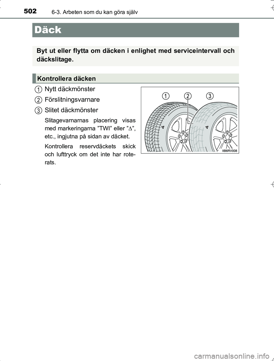 TOYOTA RAV4 2014 Bruksanvisningar (in Swedish) 5026-3. Arbeten som du kan göra själv
OM42A21
Däck
Nytt däckmönster
Förslitningsvarnare
Slitet däckmönster
Slitagevarnarnas placering visas
med markeringarna ”TWI” eller ””,
etc., i TOYOTA RAV4 2014 Bruksanvisningar (in Swedish) 5026-3. Arbeten som du kan göra själv
OM42A21
Däck
Nytt däckmönster
Förslitningsvarnare
Slitet däckmönster
Slitagevarnarnas placering visas
med markeringarna ”TWI” eller ””,
etc., i