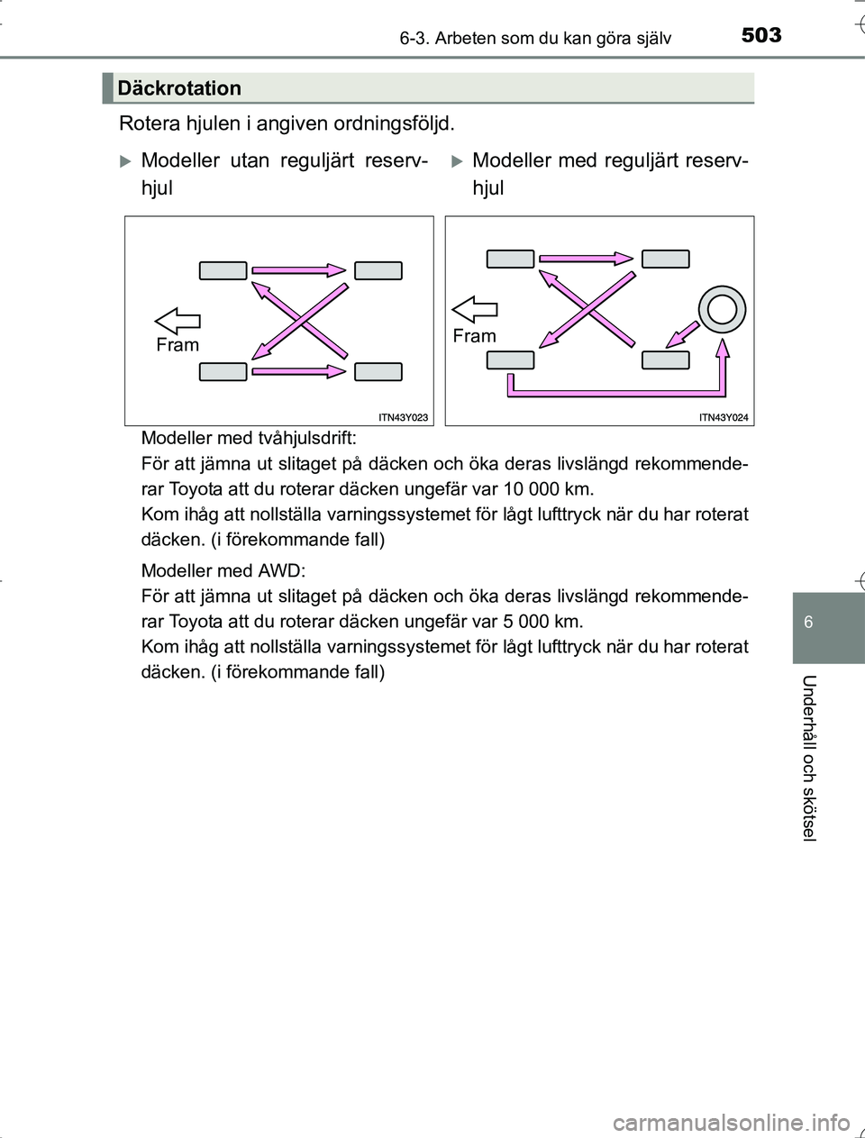 TOYOTA RAV4 2014 Bruksanvisningar (in Swedish) 5036-3. Arbeten som du kan göra själv
6
Underhåll och skötsel
OM42A21
Rotera hjulen i angiven ordningsföljd.
Modeller med tvåhjulsdrift:
För att jämna ut slitaget på däcken och öka deras l TOYOTA RAV4 2014 Bruksanvisningar (in Swedish) 5036-3. Arbeten som du kan göra själv
6
Underhåll och skötsel
OM42A21
Rotera hjulen i angiven ordningsföljd.
Modeller med tvåhjulsdrift:
För att jämna ut slitaget på däcken och öka deras l