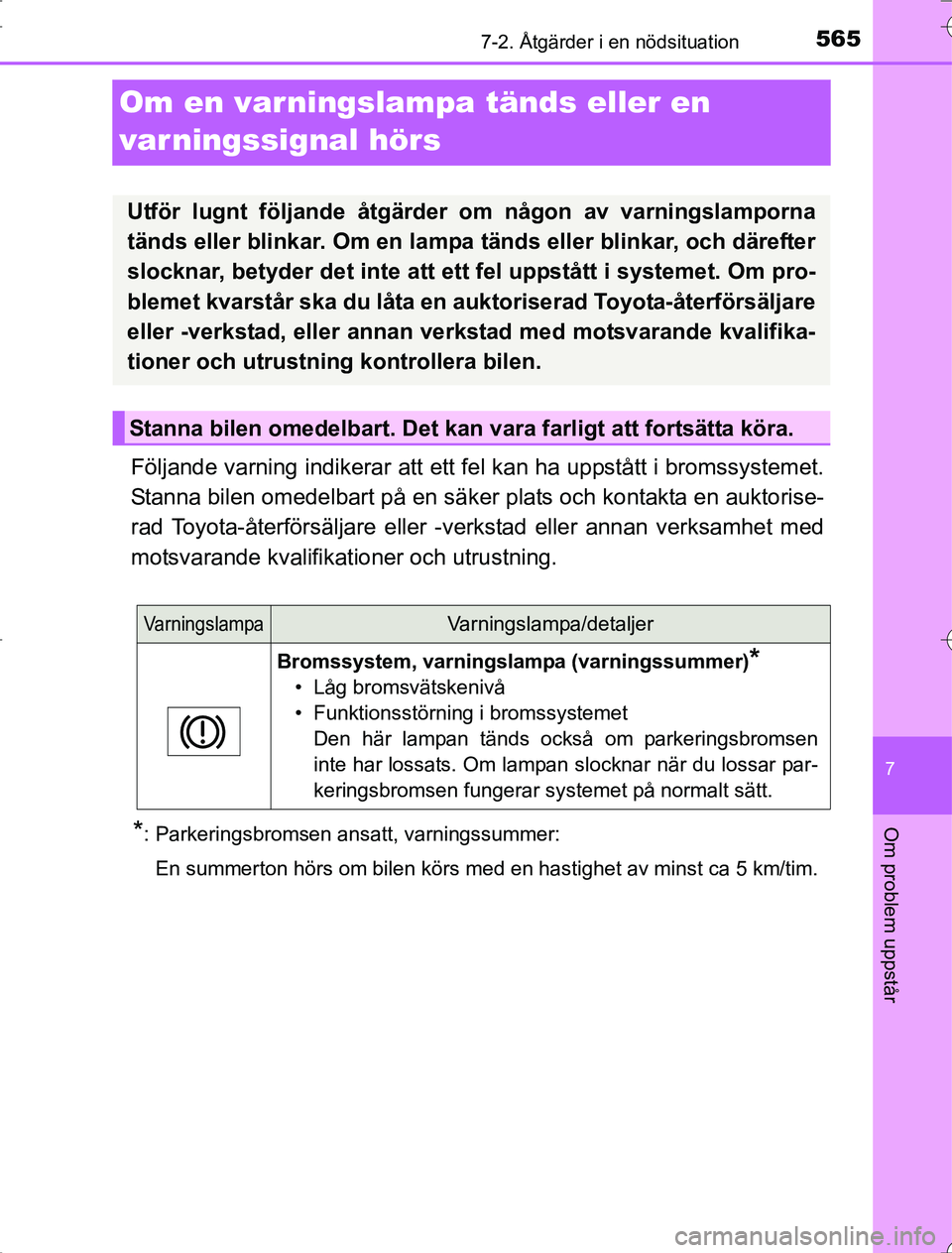 TOYOTA RAV4 2014 Bruksanvisningar (in Swedish) 565
7
7-2. Åtgärder i en nödsituation
Om problem uppstår
OM42A21
Om en varningslampa tänds eller en
varningssignal hörs
Följande varning indikerar att ett fel kan ha uppstått i bromssystemet. TOYOTA RAV4 2014 Bruksanvisningar (in Swedish) 565
7
7-2. Åtgärder i en nödsituation
Om problem uppstår
OM42A21
Om en varningslampa tänds eller en
varningssignal hörs
Följande varning indikerar att ett fel kan ha uppstått i bromssystemet.