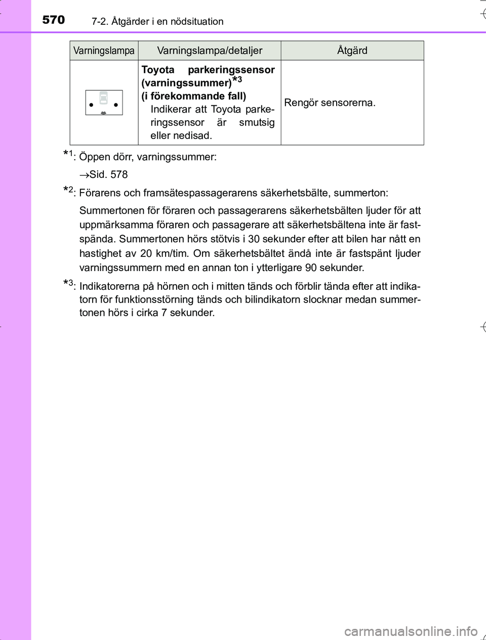 TOYOTA RAV4 2014  Bruksanvisningar (in Swedish) 5707-2. Åtgärder i en nödsituation
OM42A21
*1: Öppen dörr, varningssummer:Sid. 578
*2: Förarens och framsätespassagerarens säkerhetsbälte, summerton:Summertonen för föraren och passagera