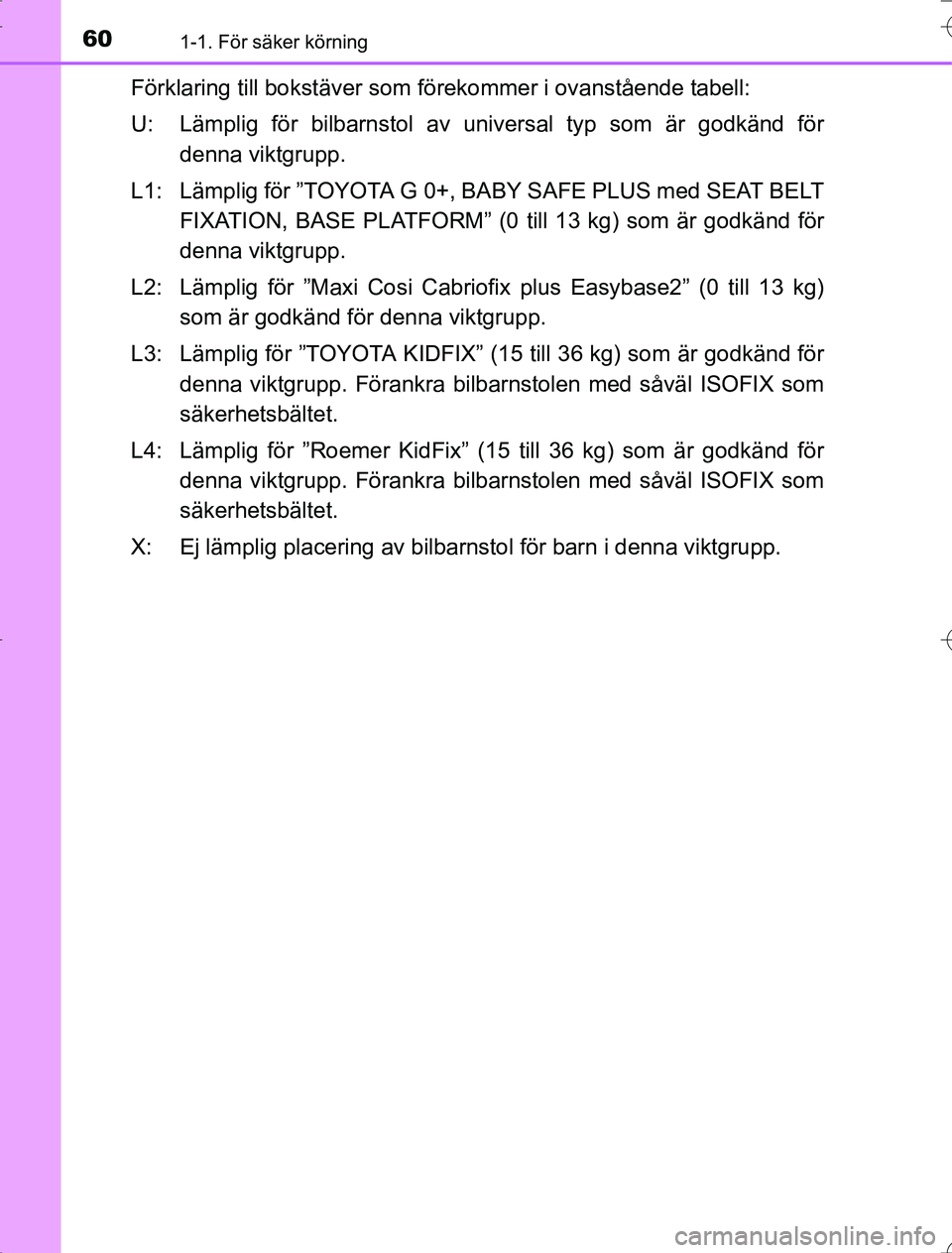 TOYOTA RAV4 2014 Bruksanvisningar (in Swedish) 601-1. För säker körning
OM42A21
Förklaring till bokstäver som förekommer i ovanstående tabell:
U: Lämplig för bilbarnstol av universal typ som är godkänd för denna viktgrupp.
L1: Lämplig TOYOTA RAV4 2014 Bruksanvisningar (in Swedish) 601-1. För säker körning
OM42A21
Förklaring till bokstäver som förekommer i ovanstående tabell:
U: Lämplig för bilbarnstol av universal typ som är godkänd för denna viktgrupp.
L1: Lämplig