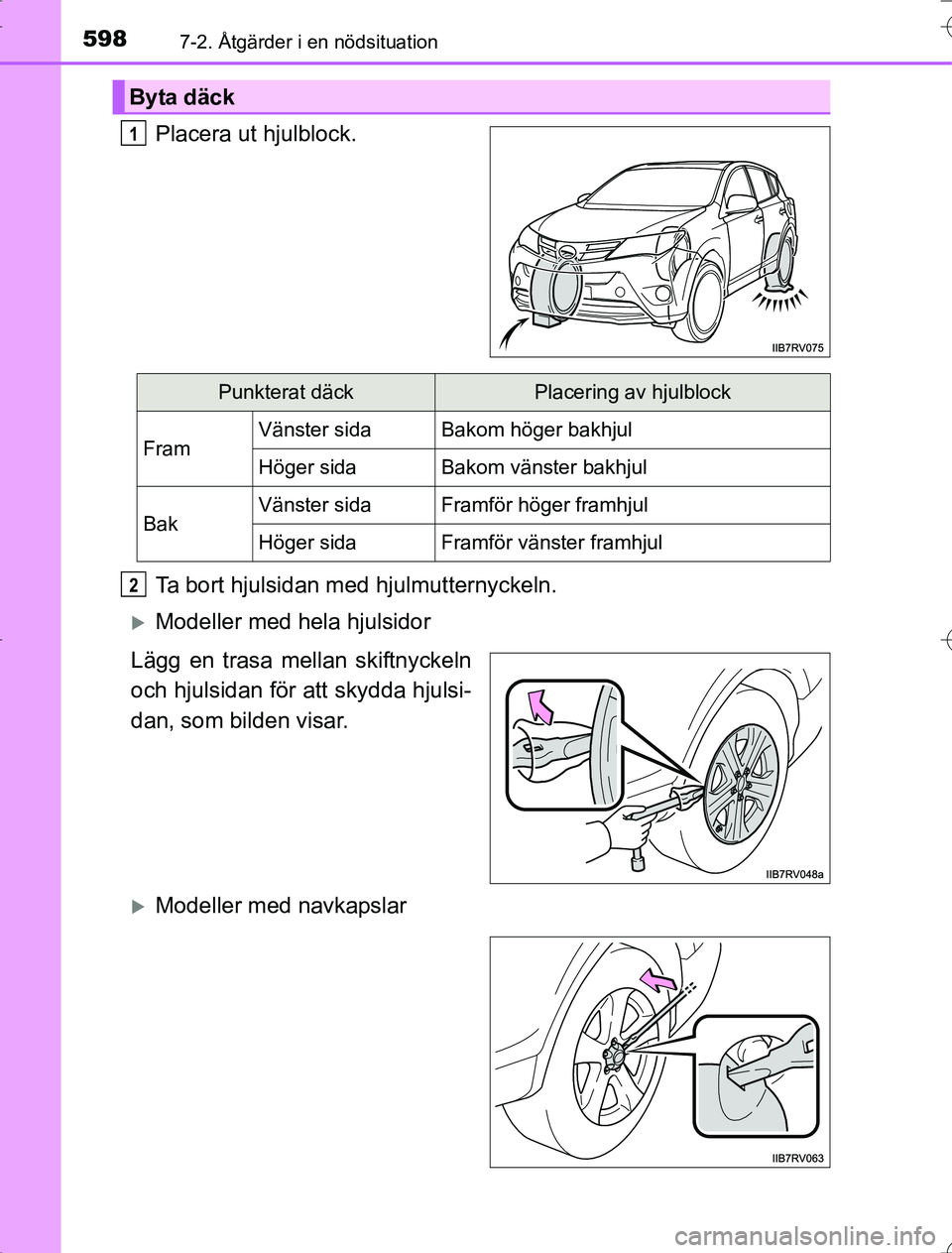 TOYOTA RAV4 2014  Bruksanvisningar (in Swedish) 5987-2. Åtgärder i en nödsituation
OM42A21
Placera ut hjulblock.
Ta bort hjulsidan med hjulmutternyckeln.
Modeller med hela hjulsidor
Lägg en trasa mellan skiftnyckeln
och hjulsidan för att sk