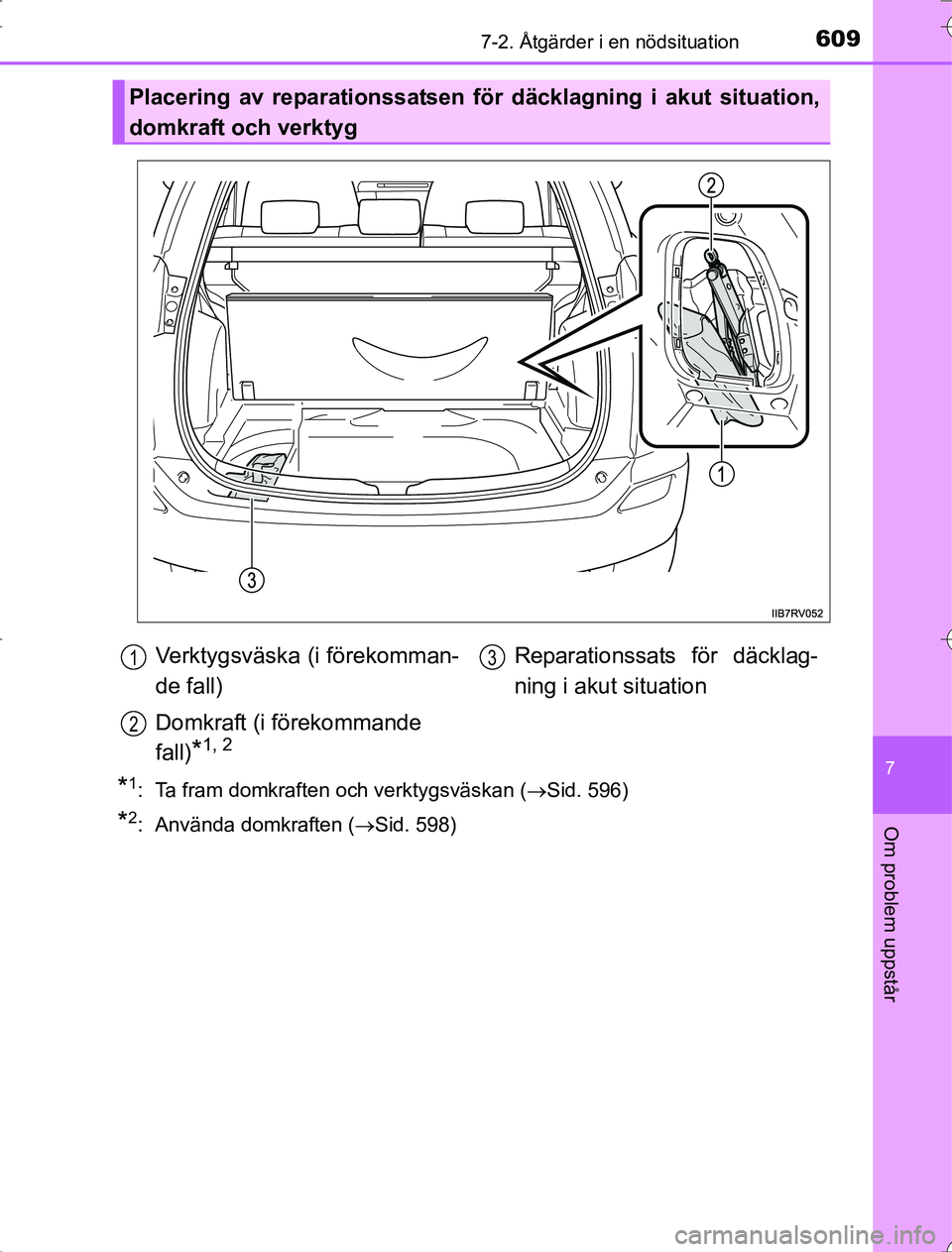 TOYOTA RAV4 2014 Bruksanvisningar (in Swedish) 6097-2. Åtgärder i en nödsituation
7
Om problem uppstår
OM42A21
*1: Ta fram domkraften och verktygsväskan (Sid. 596)
*2: Använda domkraften (Sid. 598)
Placering av reparationssatsen för TOYOTA RAV4 2014 Bruksanvisningar (in Swedish) 6097-2. Åtgärder i en nödsituation
7
Om problem uppstår
OM42A21
*1: Ta fram domkraften och verktygsväskan (Sid. 596)
*2: Använda domkraften (Sid. 598)
Placering av reparationssatsen för