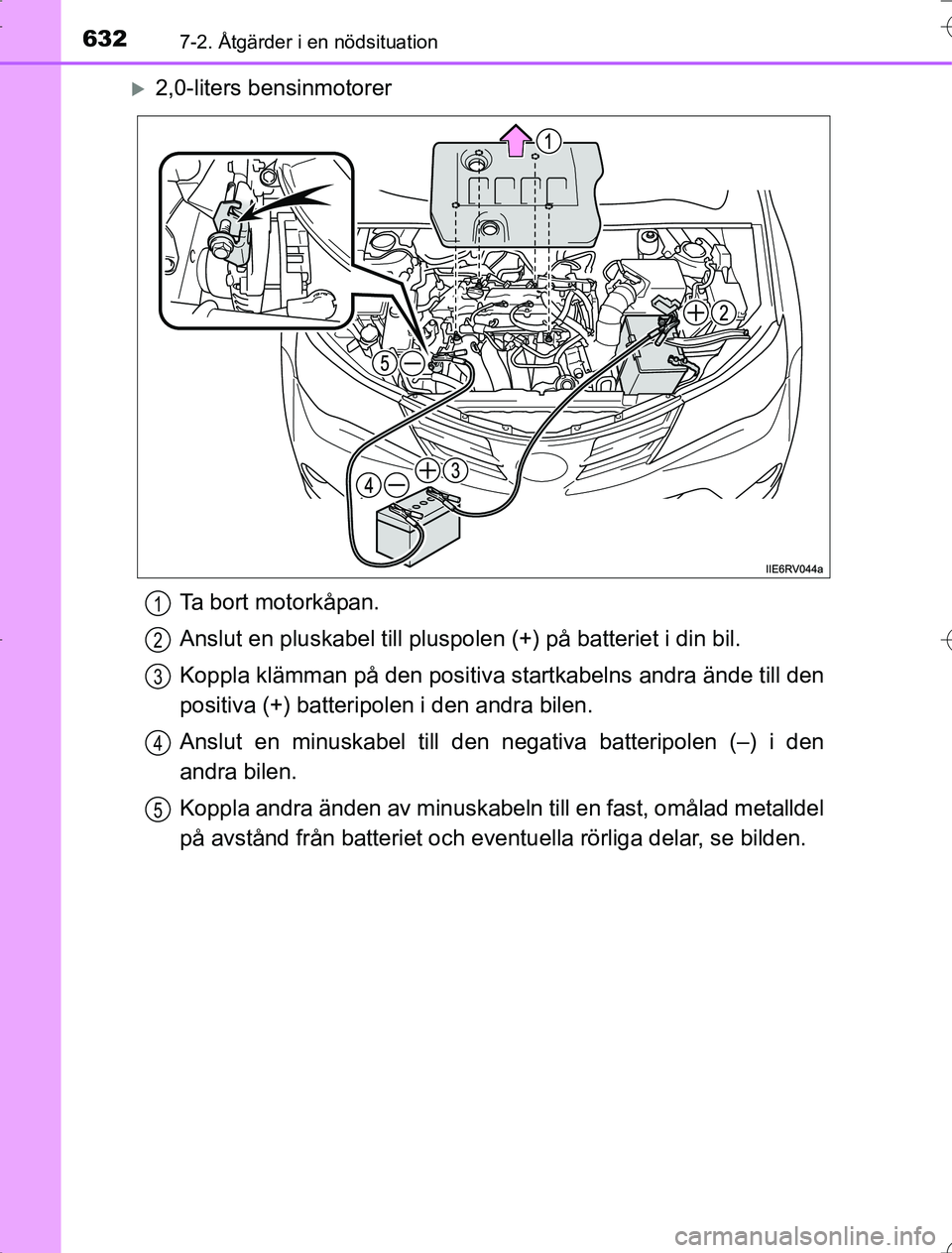 TOYOTA RAV4 2014 Bruksanvisningar (in Swedish) 6327-2. Åtgärder i en nödsituation
OM42A21
2,0-liters bensinmotorerTa bort motorkåpan.
Anslut en pluskabel till pluspolen (+) på batteriet i din bil.
Koppla klämman på den positiva startkab TOYOTA RAV4 2014 Bruksanvisningar (in Swedish) 6327-2. Åtgärder i en nödsituation
OM42A21
2,0-liters bensinmotorerTa bort motorkåpan.
Anslut en pluskabel till pluspolen (+) på batteriet i din bil.
Koppla klämman på den positiva startkab