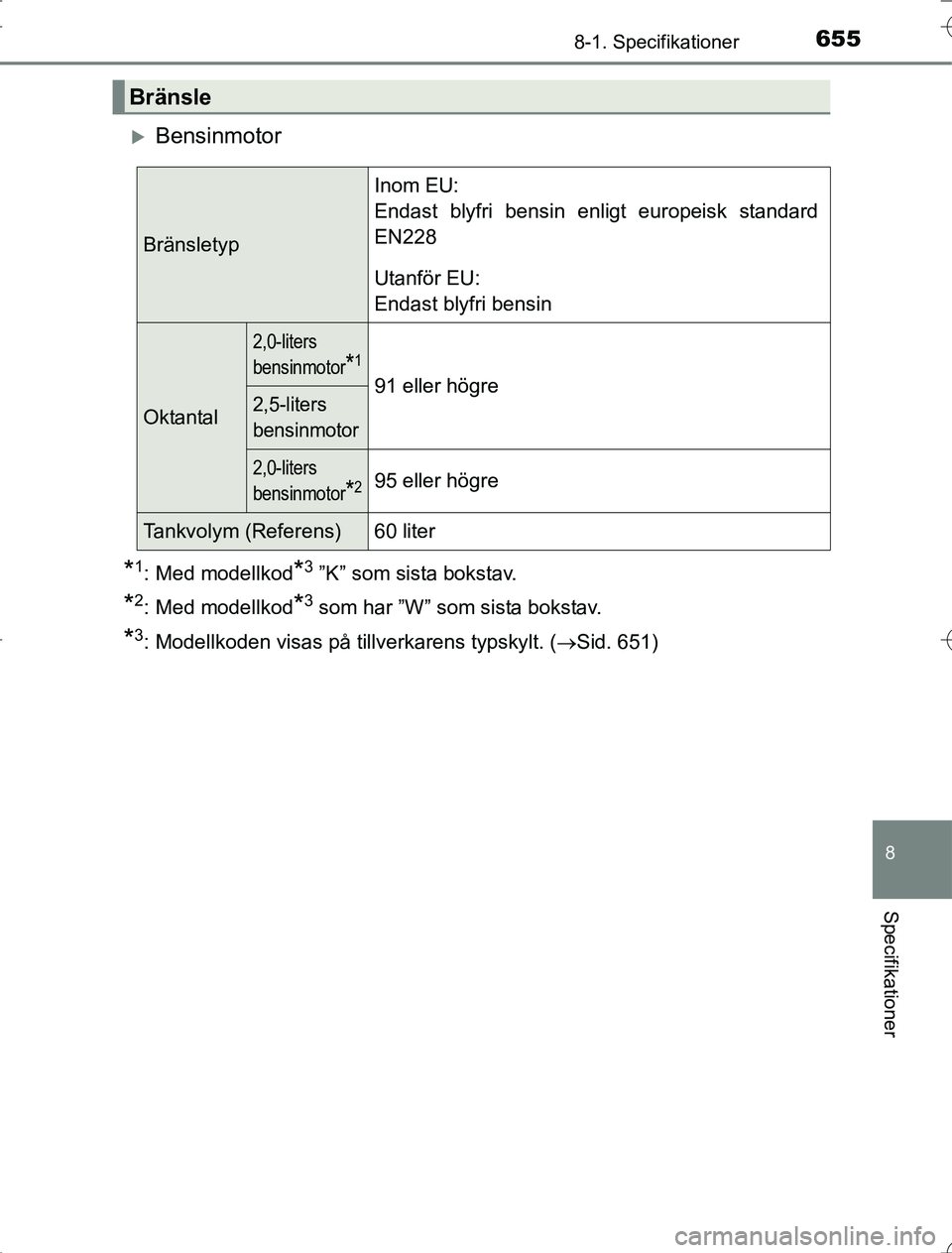 TOYOTA RAV4 2014 Bruksanvisningar (in Swedish) 655
8
8-1. Specifikationer
Specifikationer
OM42A21
Bensinmotor
*1: Med modellkod*3 ”K” som sista bokstav.
*2: Med modellkod*3 som har ”W” som sista bokstav.
*3: Modellkoden visas på tillve TOYOTA RAV4 2014 Bruksanvisningar (in Swedish) 655
8
8-1. Specifikationer
Specifikationer
OM42A21
Bensinmotor
*1: Med modellkod*3 ”K” som sista bokstav.
*2: Med modellkod*3 som har ”W” som sista bokstav.
*3: Modellkoden visas på tillve
