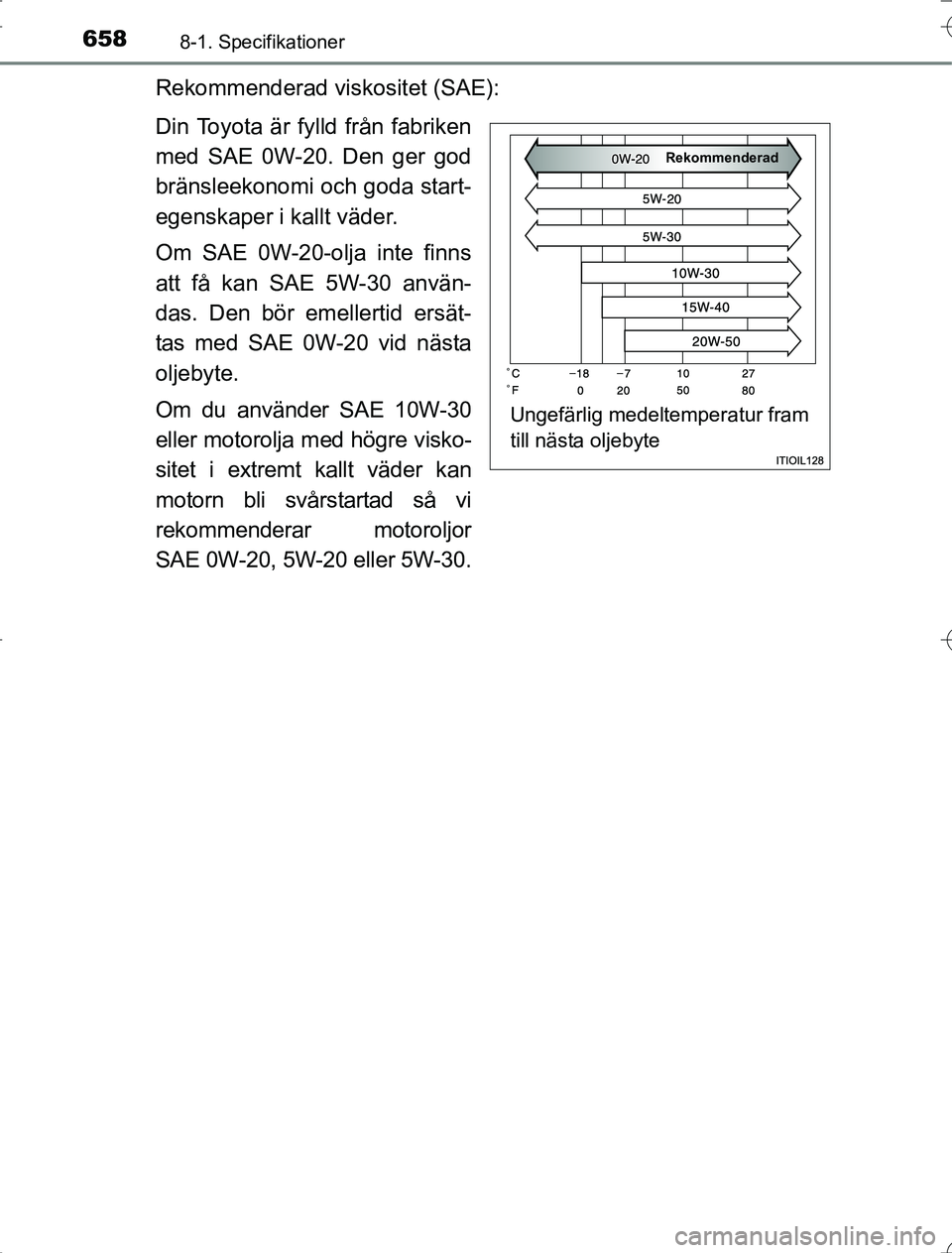 TOYOTA RAV4 2014 Bruksanvisningar (in Swedish) 6588-1. Specifikationer
OM42A21
Rekommenderad viskositet (SAE):
Din Toyota är fylld från fabriken
med SAE 0W-20. Den ger god
bränsleekonomi och goda start-
egenskaper i kallt väder.
Om SAE 0W-20-o TOYOTA RAV4 2014 Bruksanvisningar (in Swedish) 6588-1. Specifikationer
OM42A21
Rekommenderad viskositet (SAE):
Din Toyota är fylld från fabriken
med SAE 0W-20. Den ger god
bränsleekonomi och goda start-
egenskaper i kallt väder.
Om SAE 0W-20-o