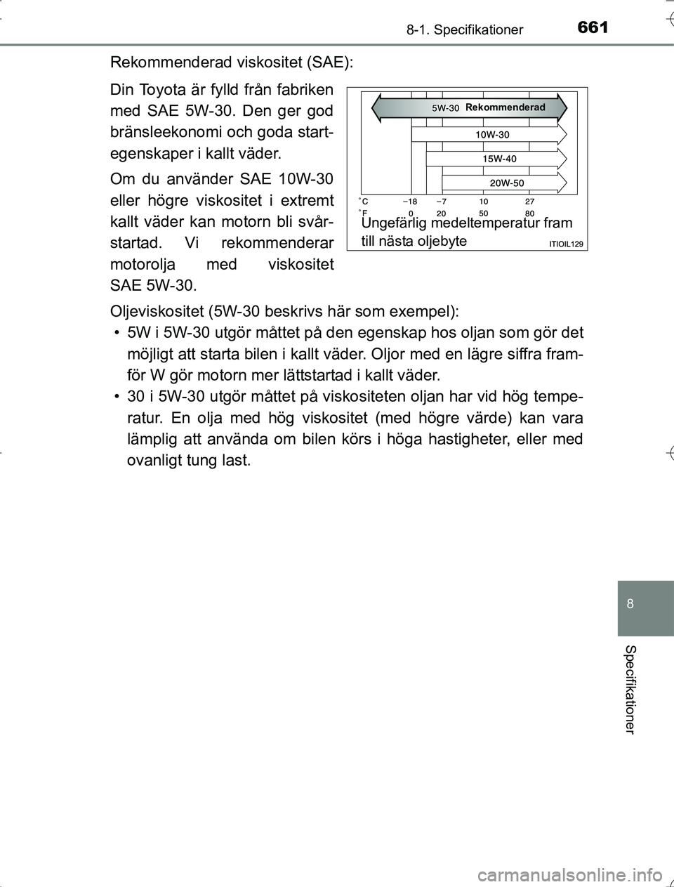 TOYOTA RAV4 2014 Bruksanvisningar (in Swedish) 661
8
8-1. Specifikationer
Specifikationer
OM42A21
Rekommenderad viskositet (SAE):
Din Toyota är fylld från fabriken
med SAE 5W-30. Den ger god
bränsleekonomi och goda start-
egenskaper i kallt vä TOYOTA RAV4 2014 Bruksanvisningar (in Swedish) 661
8
8-1. Specifikationer
Specifikationer
OM42A21
Rekommenderad viskositet (SAE):
Din Toyota är fylld från fabriken
med SAE 5W-30. Den ger god
bränsleekonomi och goda start-
egenskaper i kallt vä