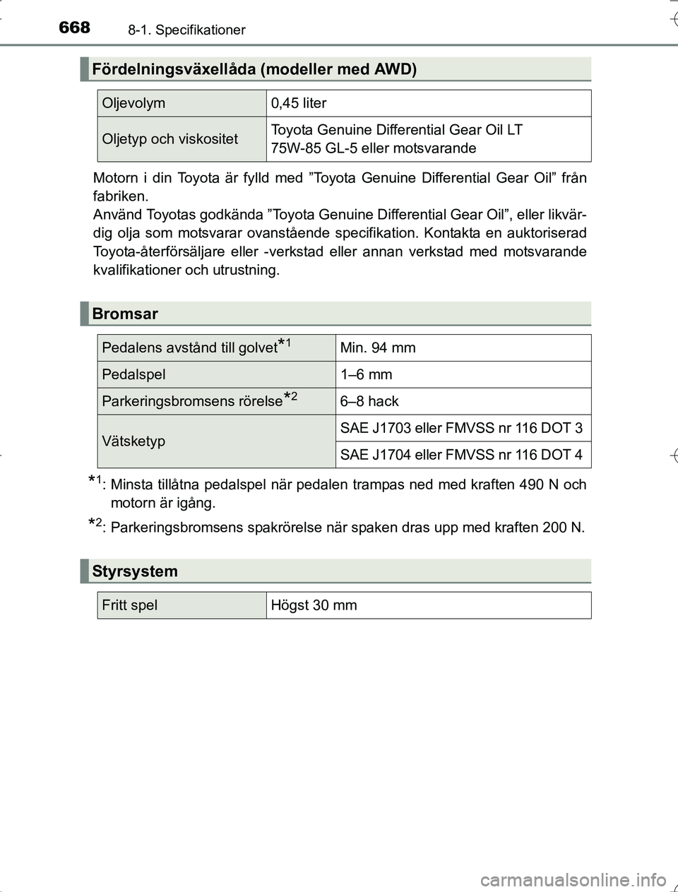 TOYOTA RAV4 2014 Bruksanvisningar (in Swedish) 6688-1. Specifikationer
OM42A21Motorn i din Toyota är fylld med ”Toyota Genuine Differential Gear Oil” från
fabriken.
Använd Toyotas godkända ”Toyota Genuine Differential Gear Oil”, eller TOYOTA RAV4 2014 Bruksanvisningar (in Swedish) 6688-1. Specifikationer
OM42A21Motorn i din Toyota är fylld med ”Toyota Genuine Differential Gear Oil” från
fabriken.
Använd Toyotas godkända ”Toyota Genuine Differential Gear Oil”, eller