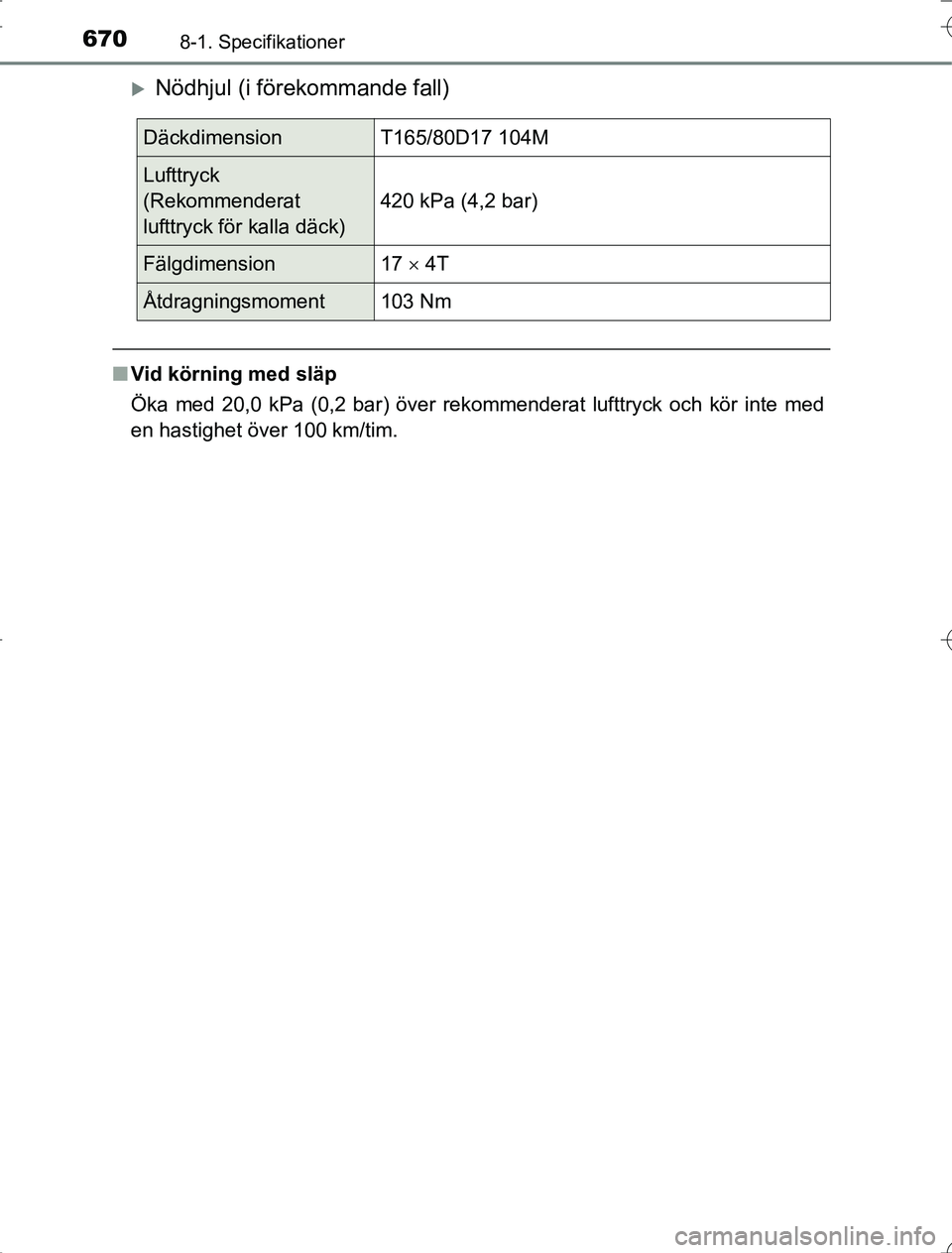 TOYOTA RAV4 2014 Bruksanvisningar (in Swedish) 6708-1. Specifikationer
OM42A21
Nödhjul (i förekommande fall)
nVid körning med släp
Öka med 20,0 kPa (0,2 bar) över rekommenderat lufttryck och kör inte med
en hastighet över 100 km/tim.
D TOYOTA RAV4 2014 Bruksanvisningar (in Swedish) 6708-1. Specifikationer
OM42A21
Nödhjul (i förekommande fall)
nVid körning med släp
Öka med 20,0 kPa (0,2 bar) över rekommenderat lufttryck och kör inte med
en hastighet över 100 km/tim.
D