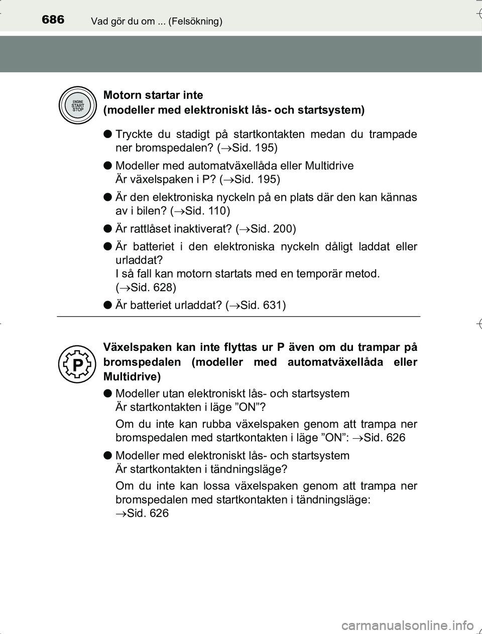 TOYOTA RAV4 2014 Bruksanvisningar (in Swedish) 686Vad gör du om ... (Felsökning)
OM42A21
lTryckte du stadigt på startkontakten medan du trampade
ner bromspedalen? ( Sid. 195)
l Modeller med automatväxellåda eller Multidrive
Är växelspake TOYOTA RAV4 2014 Bruksanvisningar (in Swedish) 686Vad gör du om ... (Felsökning)
OM42A21
lTryckte du stadigt på startkontakten medan du trampade
ner bromspedalen? ( Sid. 195)
l Modeller med automatväxellåda eller Multidrive
Är växelspake