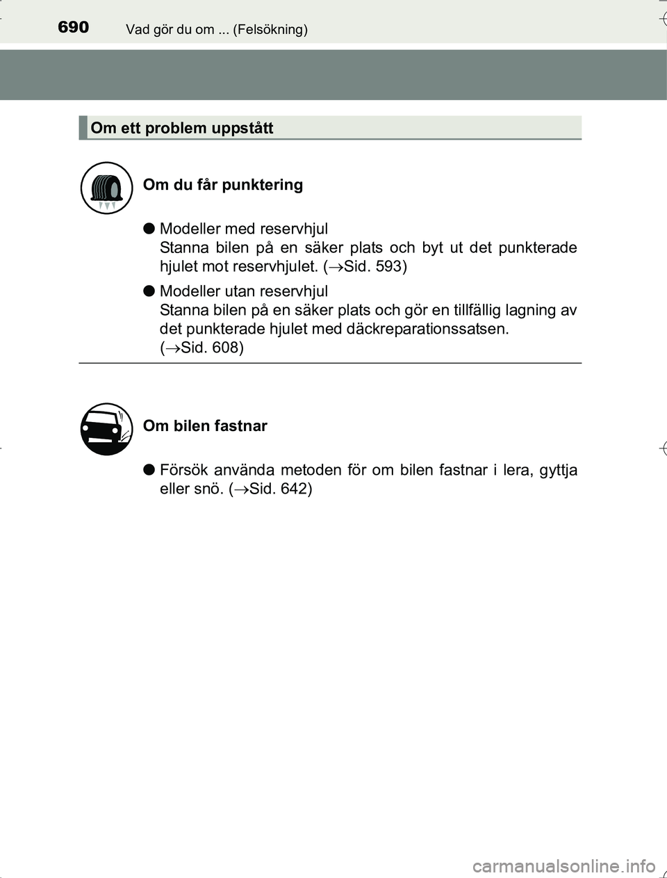 TOYOTA RAV4 2014 Bruksanvisningar (in Swedish) 690Vad gör du om ... (Felsökning)
OM42A21
lModeller med reservhjul
Stanna bilen på en säker plats och byt ut det punkterade
hjulet mot reservhjulet. ( Sid. 593)
l Modeller utan reservhjul
Sta TOYOTA RAV4 2014 Bruksanvisningar (in Swedish) 690Vad gör du om ... (Felsökning)
OM42A21
lModeller med reservhjul
Stanna bilen på en säker plats och byt ut det punkterade
hjulet mot reservhjulet. ( Sid. 593)
l Modeller utan reservhjul
Sta