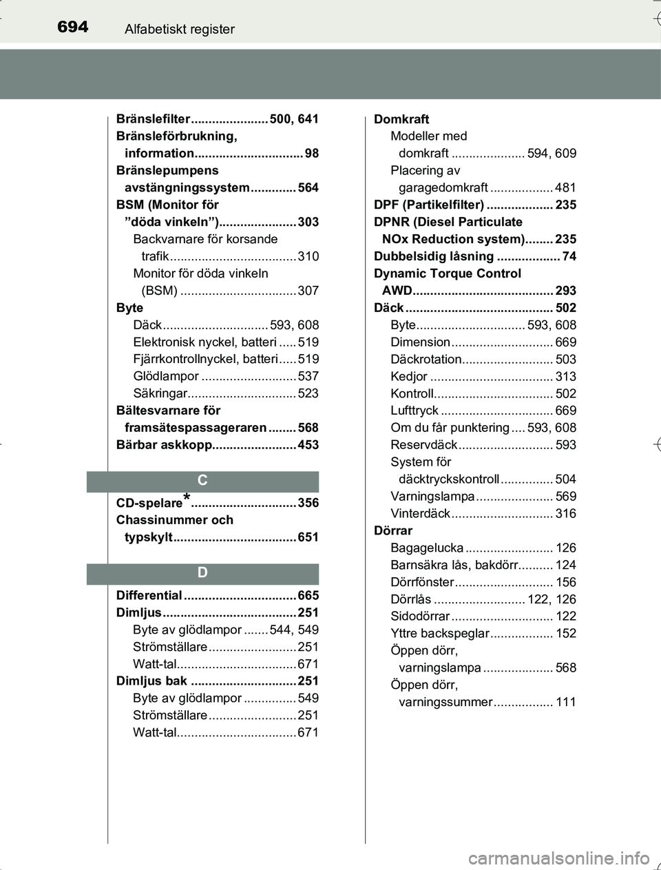 TOYOTA RAV4 2014  Bruksanvisningar (in Swedish) 694Alfabetiskt register
OM42A21
Bränslefilter ...................... 500, 641
Bränsleförbrukning, information............................... 98
Bränslepumpens  avstängningssystem ............. 56