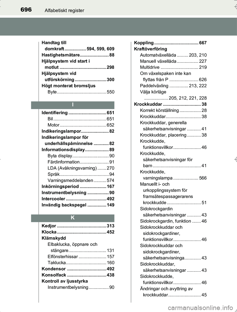 TOYOTA RAV4 2014 Bruksanvisningar (in Swedish) 696Alfabetiskt register
OM42A21
Handtag till domkraft ................. 594, 599, 609
Hastighetsmätare....................... 88
Hjälpsystem vid start i motlut ..................................... TOYOTA RAV4 2014 Bruksanvisningar (in Swedish) 696Alfabetiskt register
OM42A21
Handtag till domkraft ................. 594, 599, 609
Hastighetsmätare....................... 88
Hjälpsystem vid start i motlut .....................................