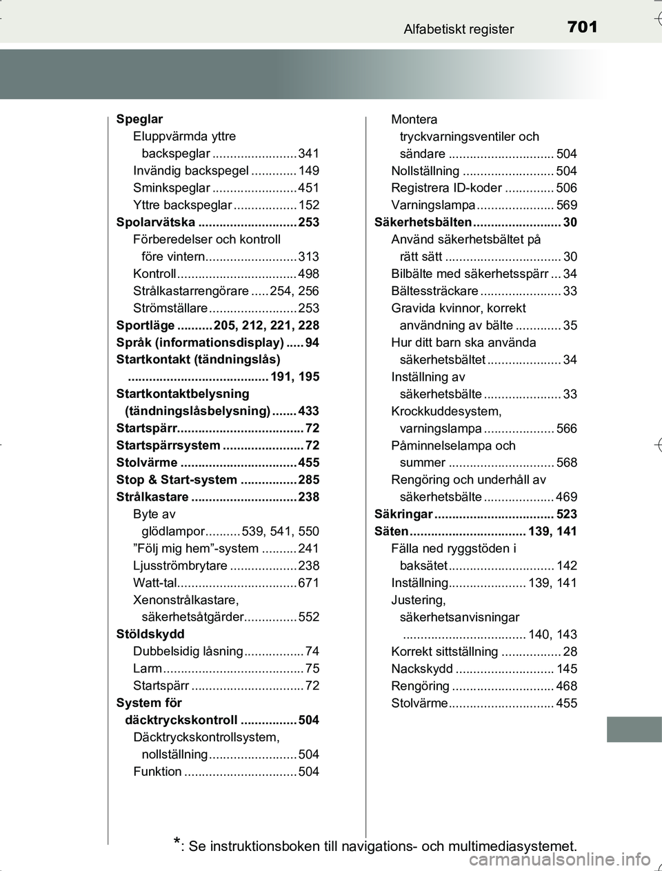 TOYOTA RAV4 2014 Bruksanvisningar (in Swedish) 701Alfabetiskt register
OM42A21
SpeglarEluppvärmda yttre
backspeglar ........................ 341
Invändig backspegel ............. 149
Sminkspeglar ........................ 451
Yttre backspeglar . TOYOTA RAV4 2014 Bruksanvisningar (in Swedish) 701Alfabetiskt register
OM42A21
SpeglarEluppvärmda yttre
backspeglar ........................ 341
Invändig backspegel ............. 149
Sminkspeglar ........................ 451
Yttre backspeglar .