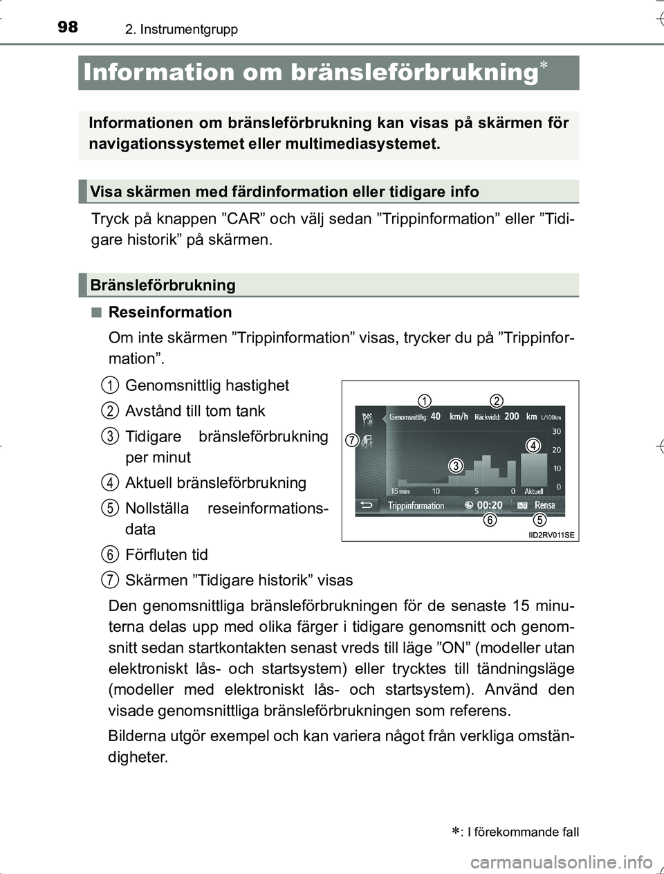 TOYOTA RAV4 2014 Bruksanvisningar (in Swedish) 982. Instrumentgrupp
OM42A21
Infor mation om bränsleförbrukning
Tryck på knappen ”CAR” och välj sedan ”Trippinformation” eller ”Tidi-
gare historik” på skärmen.
nReseinformation
O TOYOTA RAV4 2014 Bruksanvisningar (in Swedish) 982. Instrumentgrupp
OM42A21
Infor mation om bränsleförbrukning
Tryck på knappen ”CAR” och välj sedan ”Trippinformation” eller ”Tidi-
gare historik” på skärmen.
nReseinformation
O