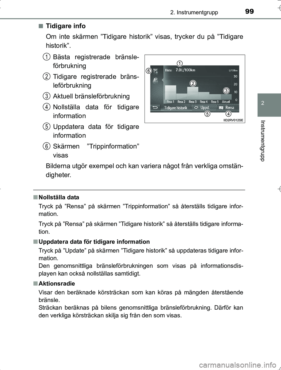 TOYOTA RAV4 2014 Bruksanvisningar (in Swedish) 992. Instrumentgrupp
2
Instrumentgrupp
OM42A21n
Tidigare info
Om inte skärmen ”Tidigare historik” visas, trycker du på ”Tidigare
historik”.
Bästa registrerade bränsle-
förbrukning
Tidigar TOYOTA RAV4 2014 Bruksanvisningar (in Swedish) 992. Instrumentgrupp
2
Instrumentgrupp
OM42A21n
Tidigare info
Om inte skärmen ”Tidigare historik” visas, trycker du på ”Tidigare
historik”.
Bästa registrerade bränsle-
förbrukning
Tidigar