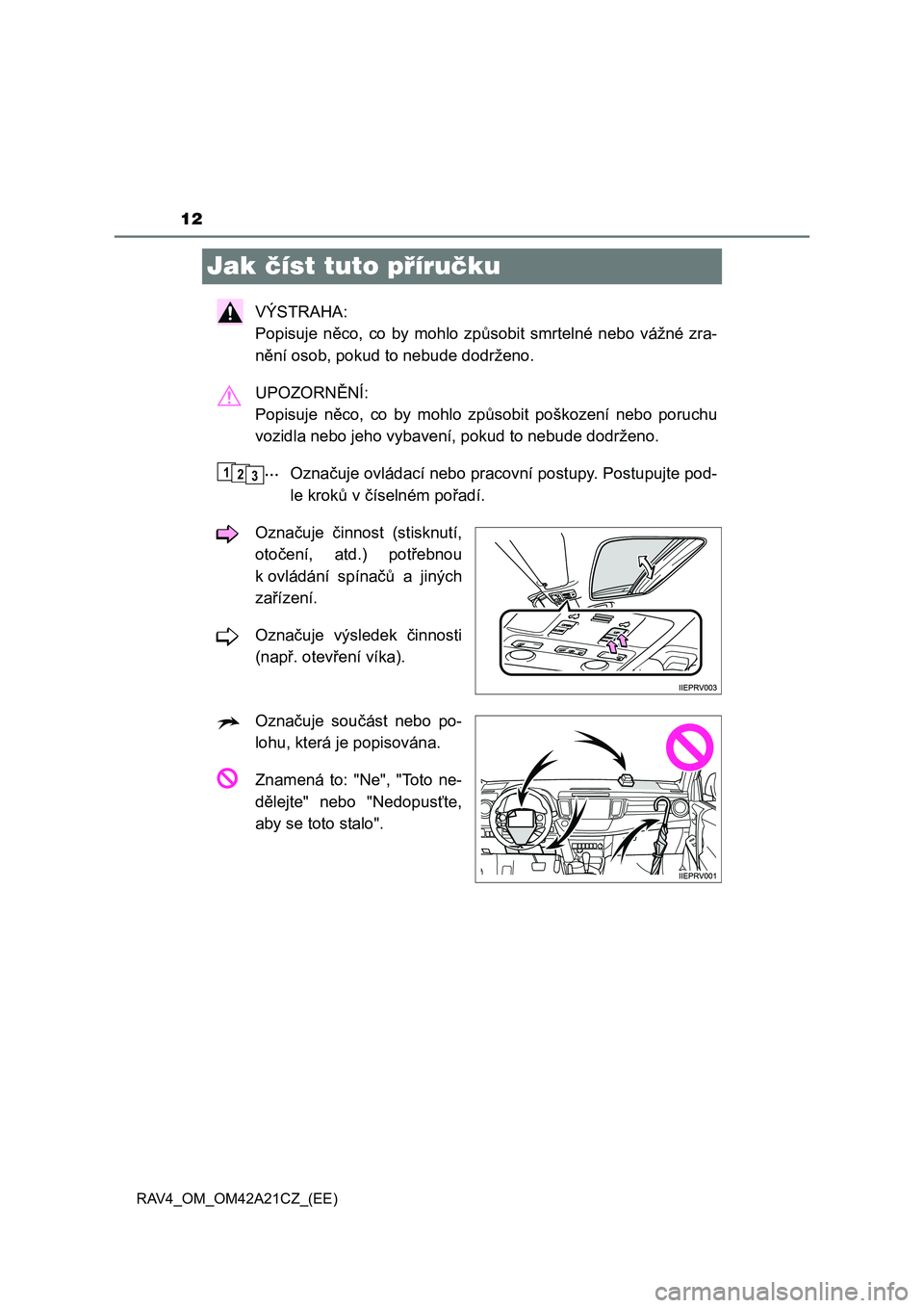 TOYOTA RAV4 2014 Návod na použití (in Czech) 12
RAV4_OM_OM42A21CZ_(EE)
Jak číst tuto příručku
VÝSTRAHA:
Popisuje něco, co by mohlo způsobit smrtelné nebo vážné zra-
nění osob, pokud to nebude dodrženo.
UPOZORNĚNÍ:
Popisuje ně TOYOTA RAV4 2014 Návod na použití (in Czech) 12
RAV4_OM_OM42A21CZ_(EE)
Jak číst tuto příručku
VÝSTRAHA:
Popisuje něco, co by mohlo způsobit smrtelné nebo vážné zra-
nění osob, pokud to nebude dodrženo.
UPOZORNĚNÍ:
Popisuje ně