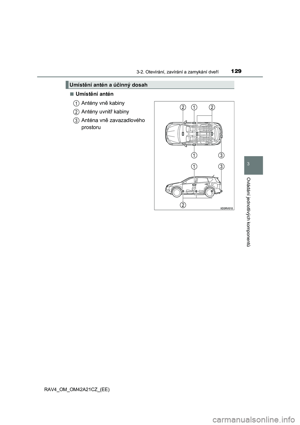 TOYOTA RAV4 2014 Návod na použití (in Czech) 1293-2. Otevírání, zavírání a zamykání dveří
3
Ovládání jednotlivých komponent
ů
RAV4_OM_OM42A21CZ_(EE)
■Umíst ění antén
Antény vn ě kabiny
Antény uvnit ř kabiny
Anténa v TOYOTA RAV4 2014 Návod na použití (in Czech) 1293-2. Otevírání, zavírání a zamykání dveří
3
Ovládání jednotlivých komponent
ů
RAV4_OM_OM42A21CZ_(EE)
■Umíst ění antén
Antény vn ě kabiny
Antény uvnit ř kabiny
Anténa v