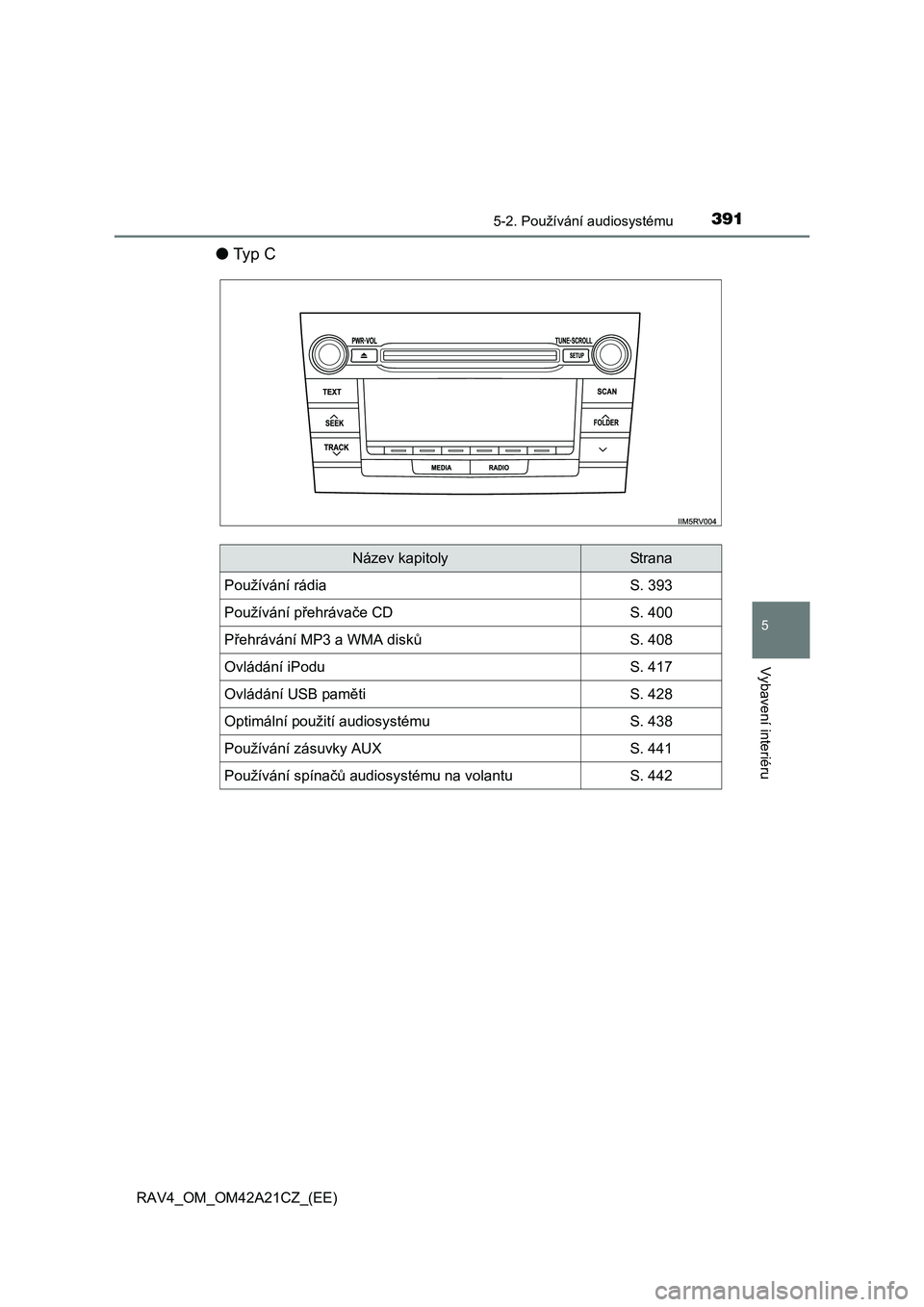 TOYOTA RAV4 2014  Návod na použití (in Czech) 3915-2. Používání audiosystému
5
Vybavení interiéru
RAV4_OM_OM42A21CZ_(EE)
●Ty p  C
Název kapitolyStrana
Používání rádiaS. 393
Používání přehrávače CDS. 400
Přehrávání MP3 a 