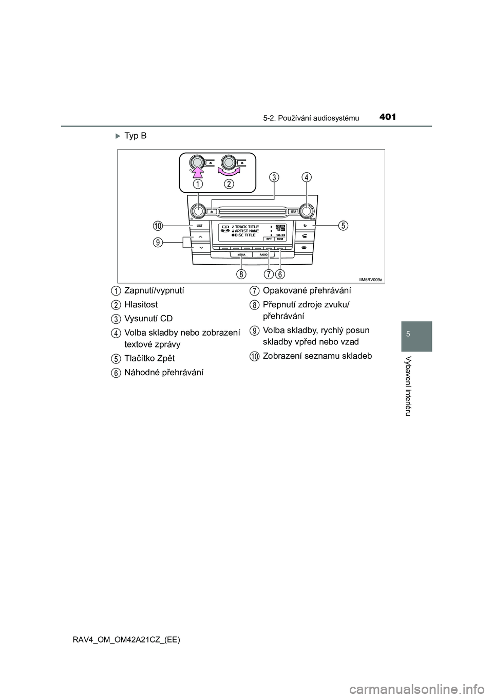 TOYOTA RAV4 2014  Návod na použití (in Czech) 4015-2. Používání audiosystému
5
Vybavení interiéru
RAV4_OM_OM42A21CZ_(EE)
Ty p  B
Zapnutí/vypnutí 
Hlasitost 
Vysunutí CD
Volba skladby nebo zobrazení  
textové zprávy 
Tla čítko Zp