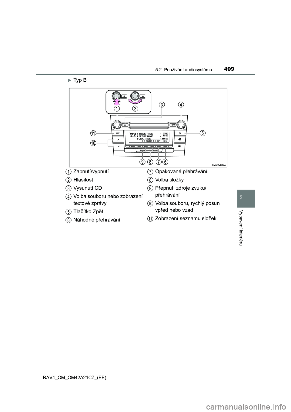 TOYOTA RAV4 2014  Návod na použití (in Czech) 4095-2. Používání audiosystému
5
Vybavení interiéru
RAV4_OM_OM42A21CZ_(EE)
Ty p  B
Zapnutí/vypnutí 
Hlasitost 
Vysunutí CD
Volba souboru nebo zobrazení  
textové zprávy 
Tla čítko Zp