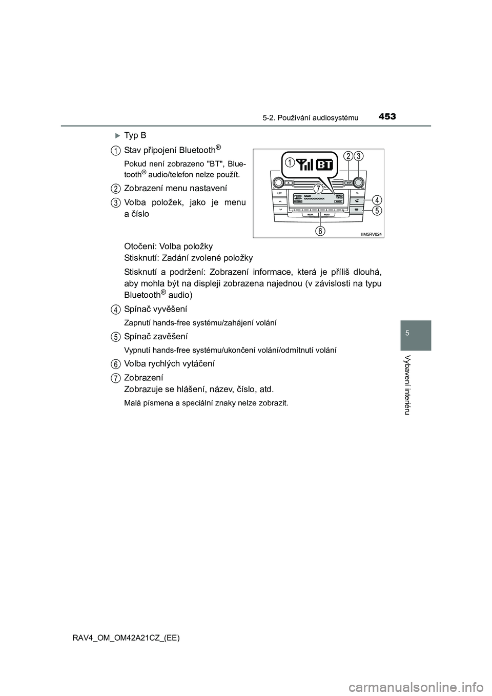 TOYOTA RAV4 2014 Návod na použití (in Czech) 4535-2. Používání audiosystému
5
Vybavení interiéru
RAV4_OM_OM42A21CZ_(EE)
Ty p B
Stav p řipojení Bluetooth®
Pokud není zobrazeno "BT", Blue-
tooth® audio/telefon nelze použít.
Zob TOYOTA RAV4 2014 Návod na použití (in Czech) 4535-2. Používání audiosystému
5
Vybavení interiéru
RAV4_OM_OM42A21CZ_(EE)
Ty p B
Stav p řipojení Bluetooth®
Pokud není zobrazeno "BT", Blue-
tooth® audio/telefon nelze použít.
Zob