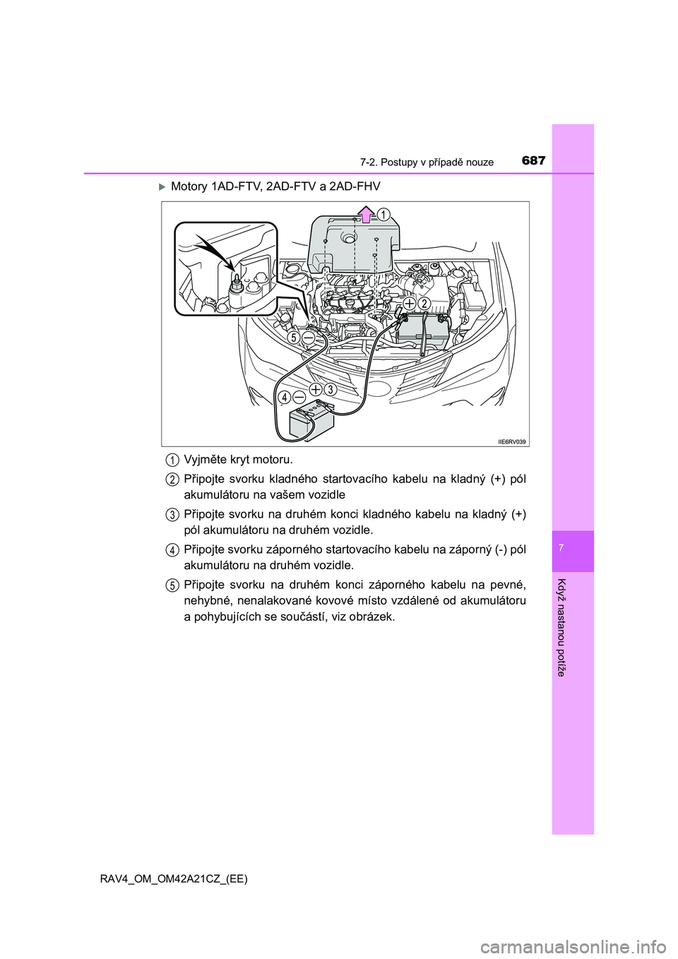 TOYOTA RAV4 2014 Návod na použití (in Czech) 6877-2. Postupy v případě nouze
7
Když nastanou potíže
RAV4_OM_OM42A21CZ_(EE)
Motory 1AD-FTV, 2AD-FTV a 2AD-FHV
Vyjm ěte kryt motoru.
P řipojte svorku kladného startovacího kabelu na kl TOYOTA RAV4 2014 Návod na použití (in Czech) 6877-2. Postupy v případě nouze
7
Když nastanou potíže
RAV4_OM_OM42A21CZ_(EE)
Motory 1AD-FTV, 2AD-FTV a 2AD-FHV
Vyjm ěte kryt motoru.
P řipojte svorku kladného startovacího kabelu na kl