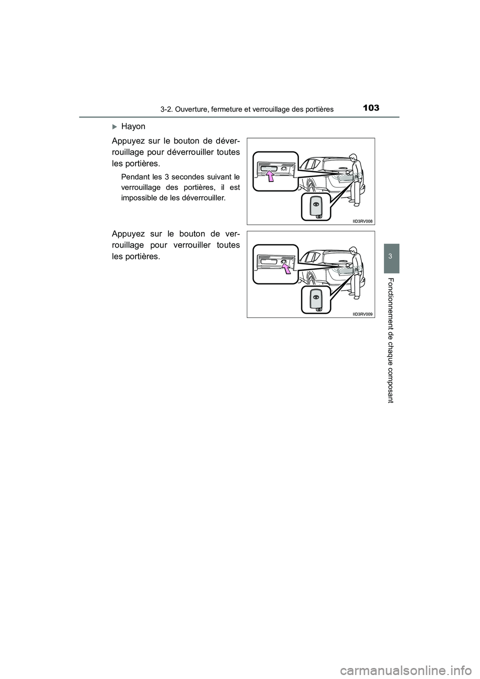 TOYOTA RAV4 2013  Manuel du propriétaire (in French) RAV4_OM_OM42809D_(D)
1033-2. Ouverture, fermeture et verrouillage des portières
3
Fonctionnement de chaque composant
�XHayon
Appuyez sur le bouton de déver-
rouillage pour déverrouiller toutes
les 