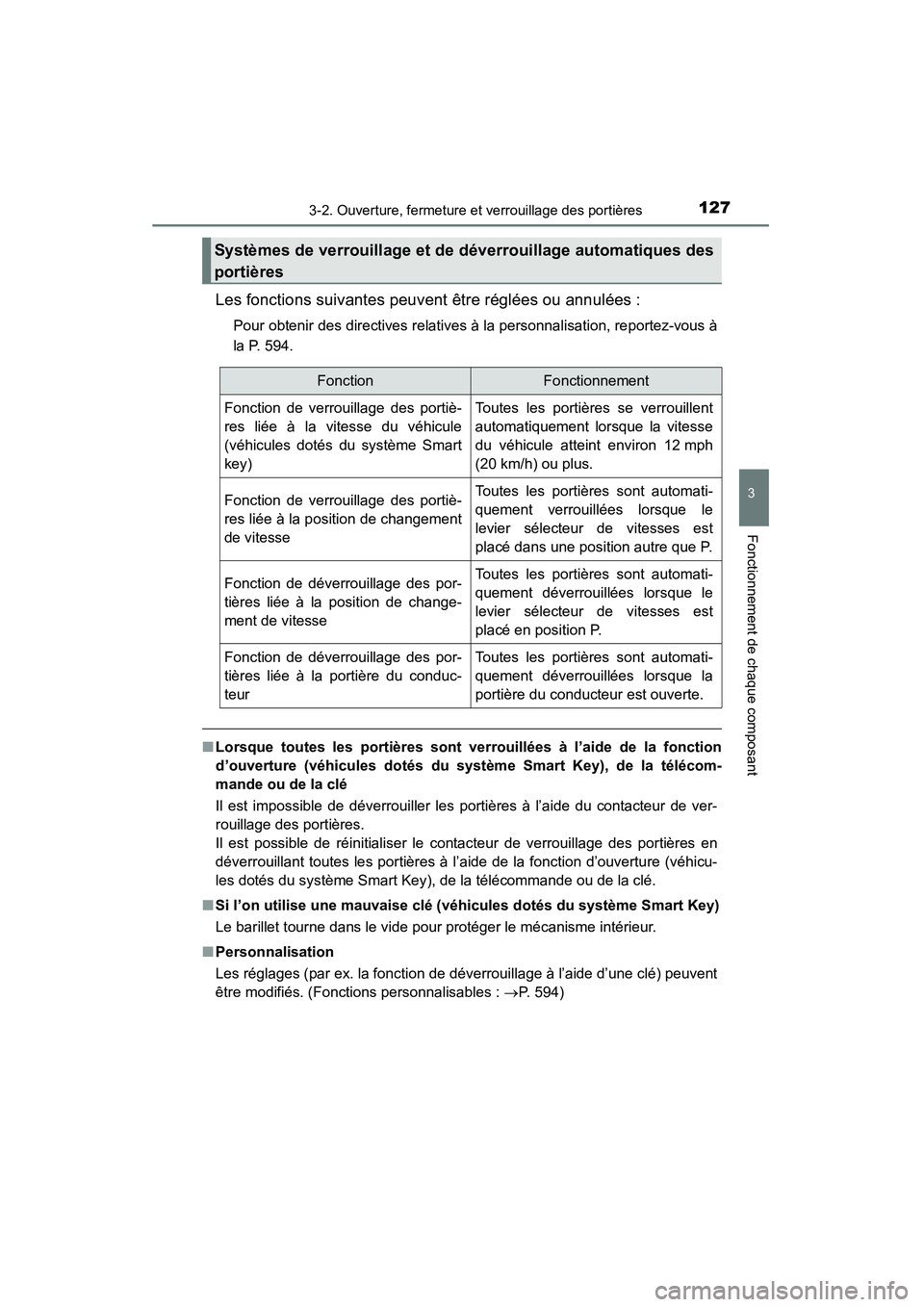 TOYOTA RAV4 2013  Manuel du propriétaire (in French) RAV4_OM_OM42809D_(D)
1273-2. Ouverture, fermeture et verrouillage des portières
3
Fonctionnement de chaque composant
Les fonctions suivantes peuvent être réglées ou annulées :
Pour obtenir des di