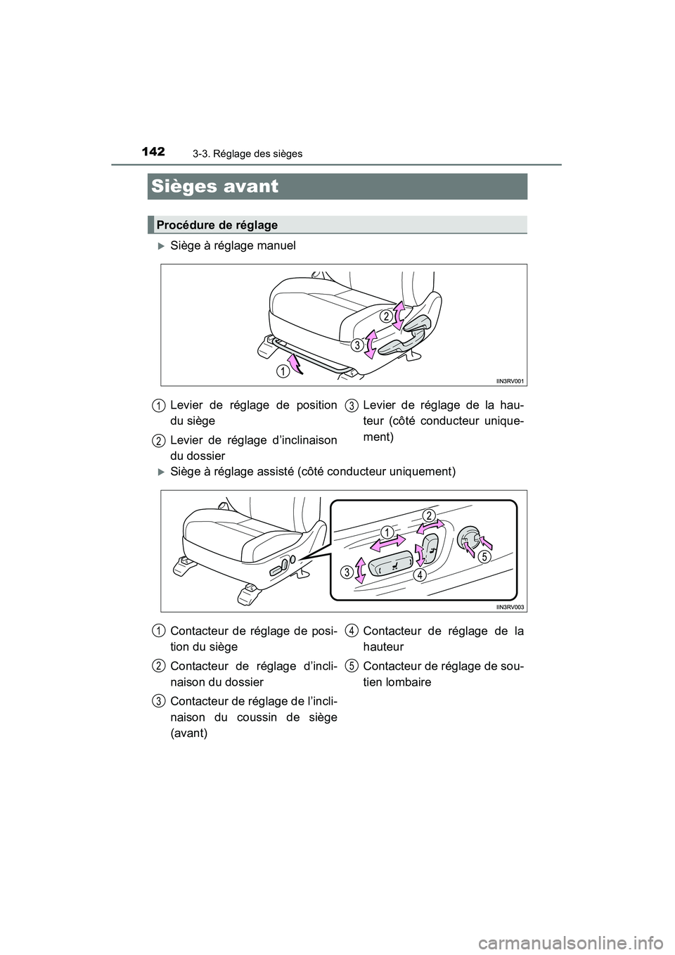 TOYOTA RAV4 2013  Manuel du propriétaire (in French) 142
RAV4_OM_OM42809D_(D)
3-3. Réglage des sièges
Sièges avant
�XSiège à réglage manuel
�XSiège à réglage assisté (côté conducteur uniquement)
Procédure de réglage
Levier de réglage de p