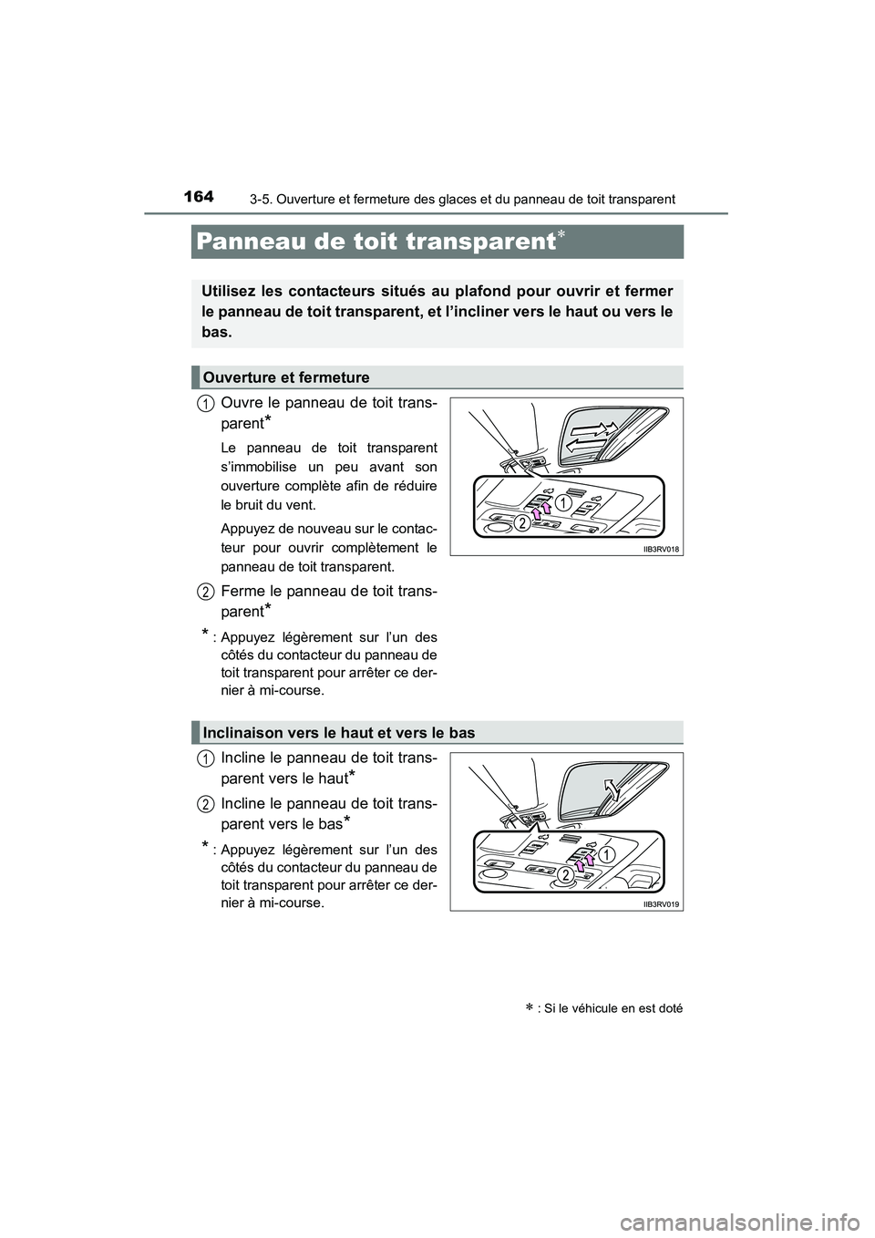 TOYOTA RAV4 2013  Manuel du propriétaire (in French) 164
RAV4_OM_OM42809D_(D)
3-5. Ouverture et fermeture des glaces et du panneau de toit transparent
Panneau de toit transparent∗
Ouvre le panneau de toit trans-
parent
*
Le panneau de toit transparent