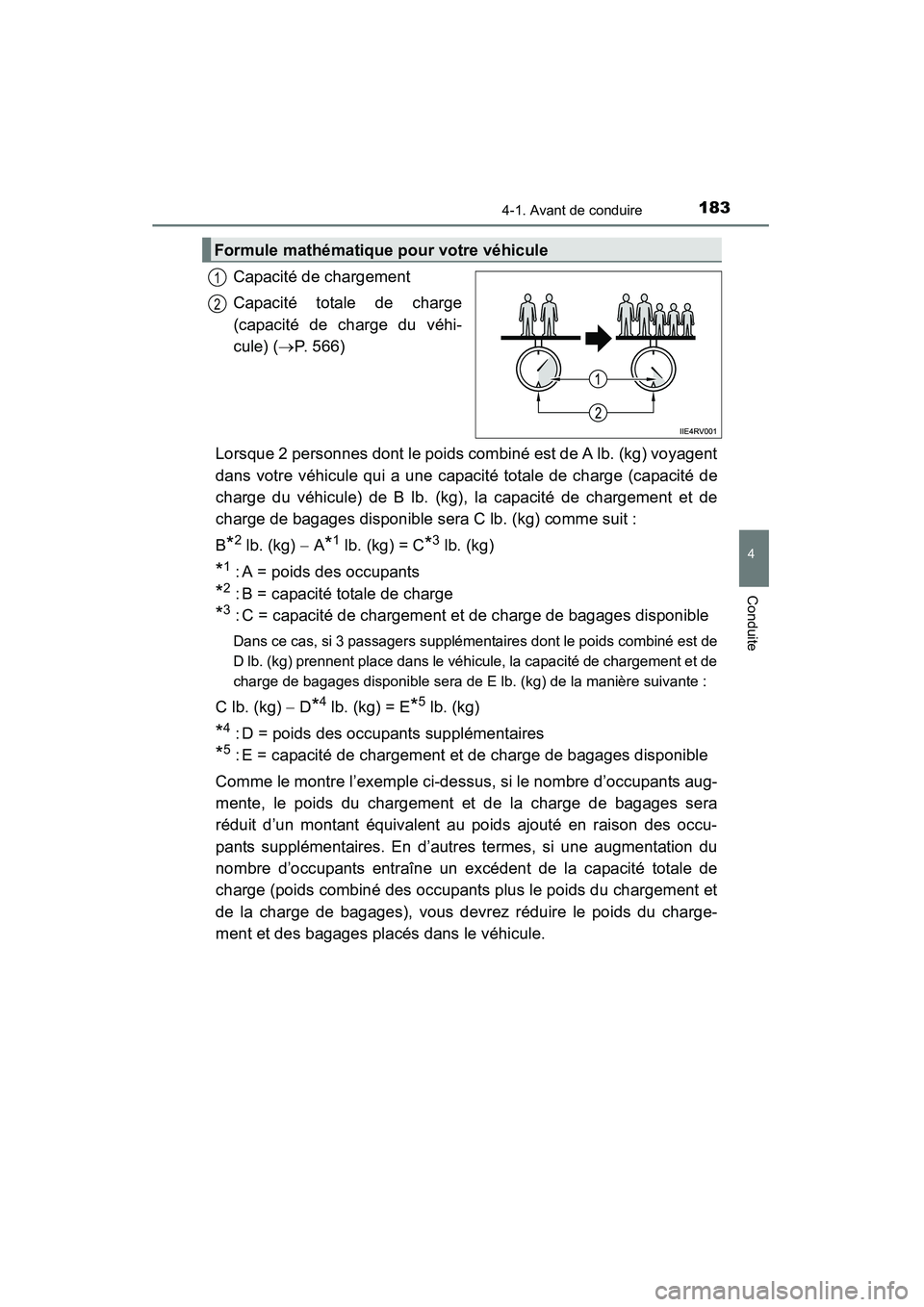 TOYOTA RAV4 2013 Manuel du propriétaire (in French) RAV4_OM_OM42809D_(D)
1834-1. Avant de conduire
4
Conduite
Capacité de chargement
Capacité totale de charge
(capacité de charge du véhi-
cule) (→P. 566)
Lorsque 2 personnes dont le poids combiné TOYOTA RAV4 2013 Manuel du propriétaire (in French) RAV4_OM_OM42809D_(D)
1834-1. Avant de conduire
4
Conduite
Capacité de chargement
Capacité totale de charge
(capacité de charge du véhi-
cule) (→P. 566)
Lorsque 2 personnes dont le poids combiné