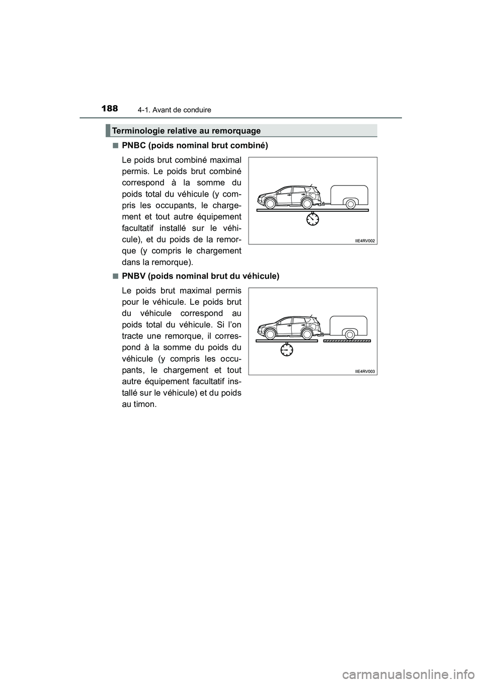TOYOTA RAV4 2013 Manuel du propriétaire (in French) 188
RAV4_OM_OM42809D_(D)
4-1. Avant de conduire
■PNBC (poids nominal brut combiné)
Le poids brut combiné maximal
permis. Le poids brut combiné
correspond à la somme du
poids total du véhicule ( TOYOTA RAV4 2013 Manuel du propriétaire (in French) 188
RAV4_OM_OM42809D_(D)
4-1. Avant de conduire
■PNBC (poids nominal brut combiné)
Le poids brut combiné maximal
permis. Le poids brut combiné
correspond à la somme du
poids total du véhicule (