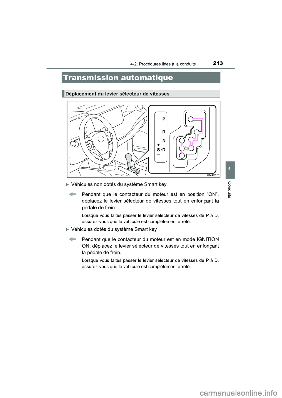 TOYOTA RAV4 2013  Manuel du propriétaire (in French) 213
RAV4_OM_OM42809D_(D)
4-2. Procédures liées à la conduite
4
Conduite
Transmission automatique
�XVéhicules non dotés du système Smart keyPendant que le contacteur du moteur est en position “