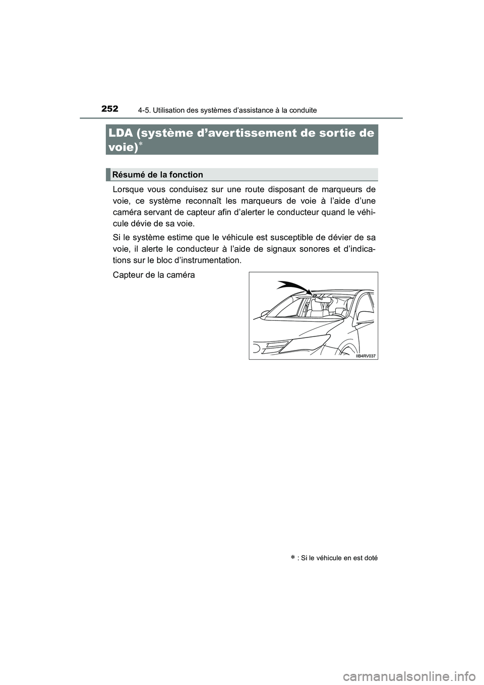 TOYOTA RAV4 2013 Manuel du propriétaire (in French) 252
RAV4_OM_OM42809D_(D)
4-5. Utilisation des systèmes d’assistance à la conduite
LDA (système d’aver tissement de sortie de
voie)
∗
Lorsque vous conduisez sur une route disposant de marqueu TOYOTA RAV4 2013 Manuel du propriétaire (in French) 252
RAV4_OM_OM42809D_(D)
4-5. Utilisation des systèmes d’assistance à la conduite
LDA (système d’aver tissement de sortie de
voie)
∗
Lorsque vous conduisez sur une route disposant de marqueu