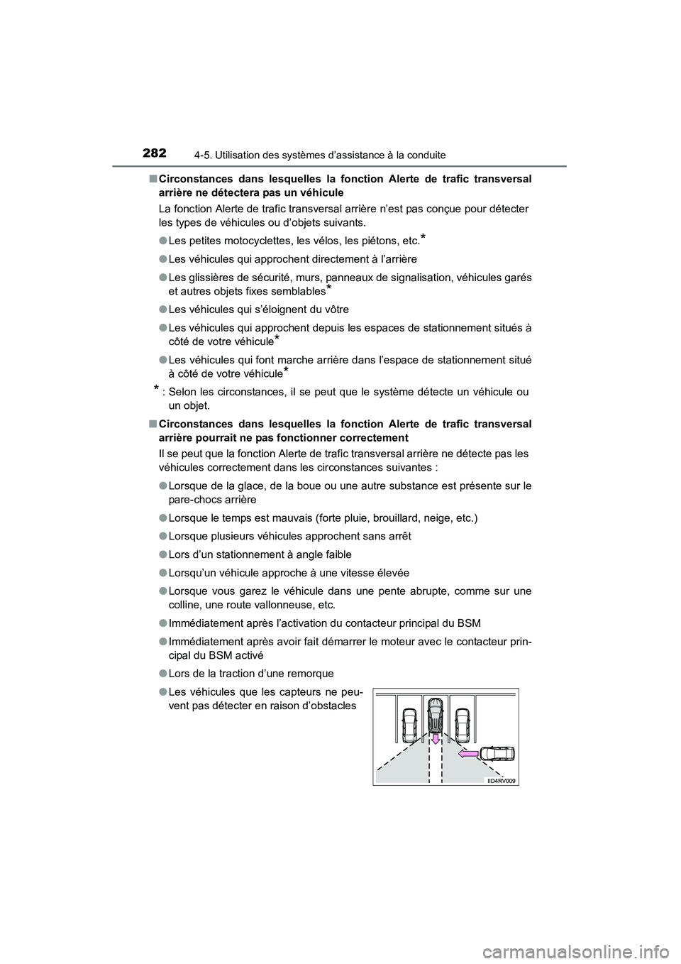 TOYOTA RAV4 2013 Manuel du propriétaire (in French) 282
RAV4_OM_OM42809D_(D)
4-5. Utilisation des systèmes d’assistance à la conduite
■Circonstances dans lesquelles la fonc tion Alerte de trafic transversal
arrière ne détectera pas un véhicule TOYOTA RAV4 2013 Manuel du propriétaire (in French) 282
RAV4_OM_OM42809D_(D)
4-5. Utilisation des systèmes d’assistance à la conduite
■Circonstances dans lesquelles la fonc tion Alerte de trafic transversal
arrière ne détectera pas un véhicule