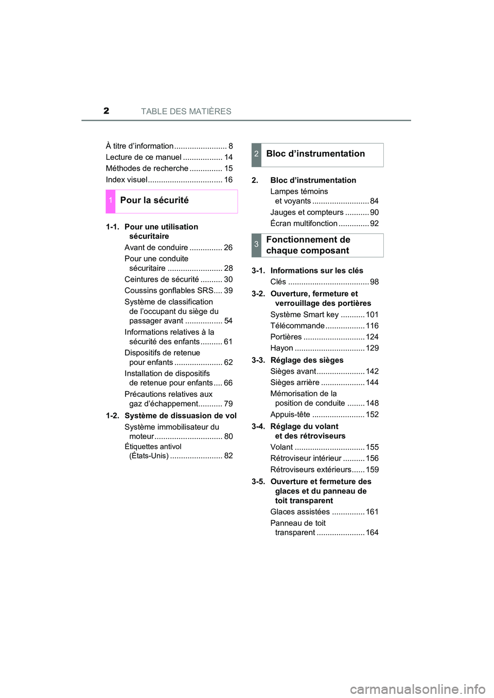 TOYOTA RAV4 2013  Manuel du propriétaire (in French) TABLE DES MATIÈRES2
RAV4_OM_OM42809D_(D)À titre d’information ........................ 8
Lecture de ce manuel .................. 14
Méthodes de recherche ............... 15
Index visuel .........