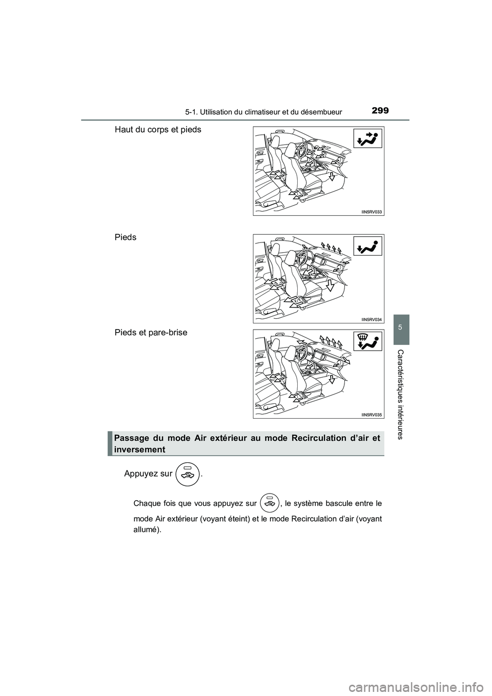 TOYOTA RAV4 2013 Manuel du propriétaire (in French) RAV4_OM_OM42809D_(D)
2995-1. Utilisation du climatiseur et du désembueur
5
Caractéristiques intérieures
Haut du corps et pieds
Pieds
Pieds et pare-briseAppuyez sur .
Chaque fois que vous appuyez s TOYOTA RAV4 2013 Manuel du propriétaire (in French) RAV4_OM_OM42809D_(D)
2995-1. Utilisation du climatiseur et du désembueur
5
Caractéristiques intérieures
Haut du corps et pieds
Pieds
Pieds et pare-briseAppuyez sur .
Chaque fois que vous appuyez s