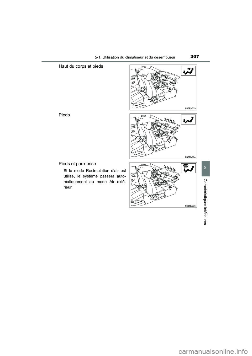 TOYOTA RAV4 2013 Manuel du propriétaire (in French) RAV4_OM_OM42809D_(D)
3075-1. Utilisation du climatiseur et du désembueur
5
Caractéristiques intérieures
Haut du corps et pieds
Pieds
Pieds et pare-brise
Si le mode Recirculation d’air est
utilis TOYOTA RAV4 2013 Manuel du propriétaire (in French) RAV4_OM_OM42809D_(D)
3075-1. Utilisation du climatiseur et du désembueur
5
Caractéristiques intérieures
Haut du corps et pieds
Pieds
Pieds et pare-brise
Si le mode Recirculation d’air est
utilis