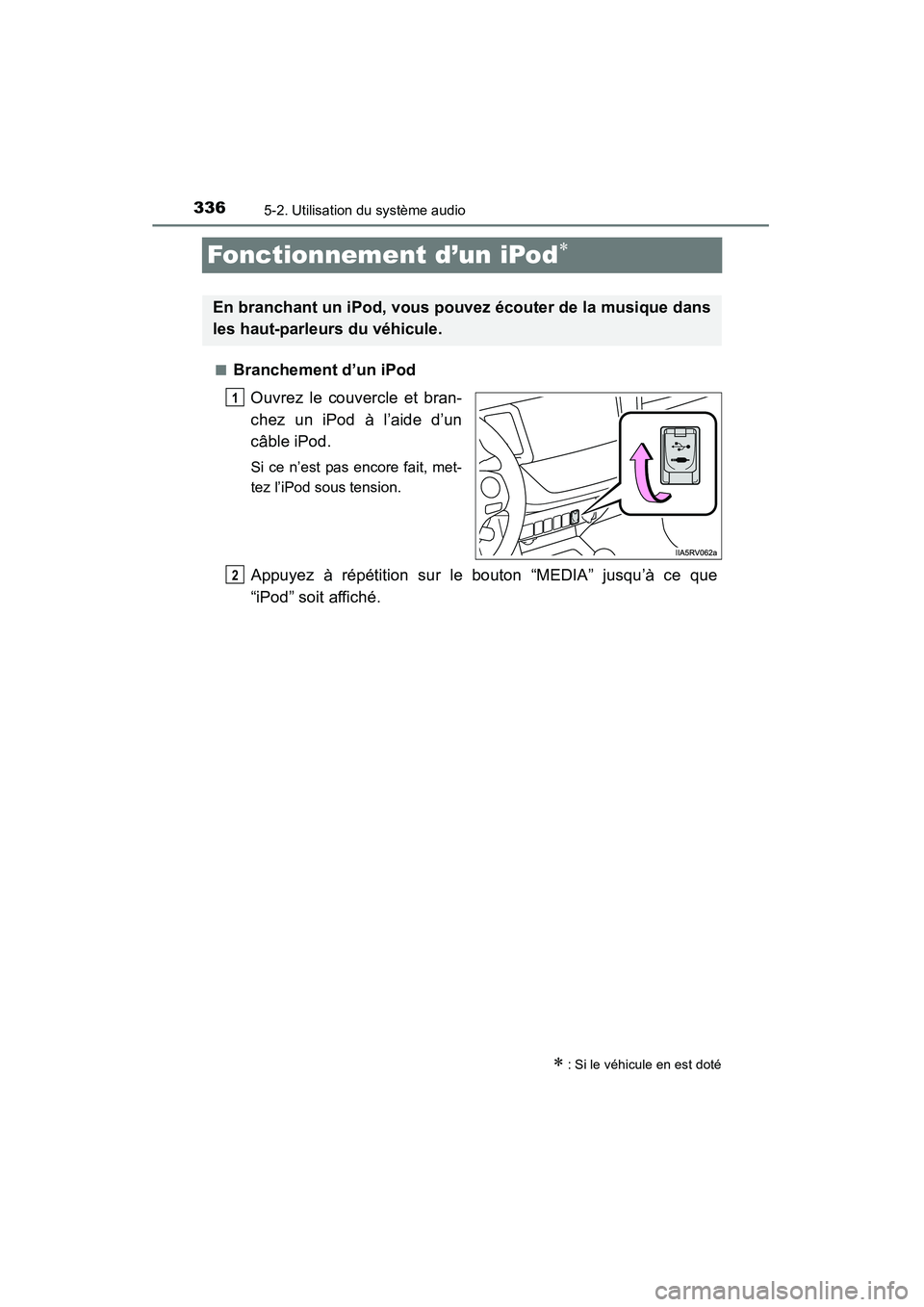 TOYOTA RAV4 2013 Manuel du propriétaire (in French) 336
RAV4_OM_OM42809D_(D)
5-2. Utilisation du système audio
Fonctionnement d’un iPod∗
■Branchement d’un iPodOuvrez le couvercle et bran-
chez un iPod à l’aide d’un
câble iPod.
Si ce n’ TOYOTA RAV4 2013 Manuel du propriétaire (in French) 336
RAV4_OM_OM42809D_(D)
5-2. Utilisation du système audio
Fonctionnement d’un iPod∗
■Branchement d’un iPodOuvrez le couvercle et bran-
chez un iPod à l’aide d’un
câble iPod.
Si ce n’