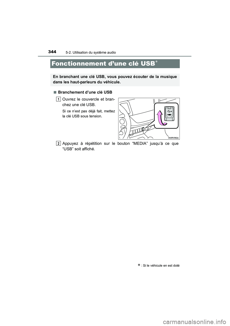 TOYOTA RAV4 2013 Manuel du propriétaire (in French) 344
RAV4_OM_OM42809D_(D)
5-2. Utilisation du système audio
Fonctionnement d’une clé USB∗
■Branchement d’une clé USBOuvrez le couvercle et bran-
chez une clé USB.
Si ce n’est pas déjà f TOYOTA RAV4 2013 Manuel du propriétaire (in French) 344
RAV4_OM_OM42809D_(D)
5-2. Utilisation du système audio
Fonctionnement d’une clé USB∗
■Branchement d’une clé USBOuvrez le couvercle et bran-
chez une clé USB.
Si ce n’est pas déjà f